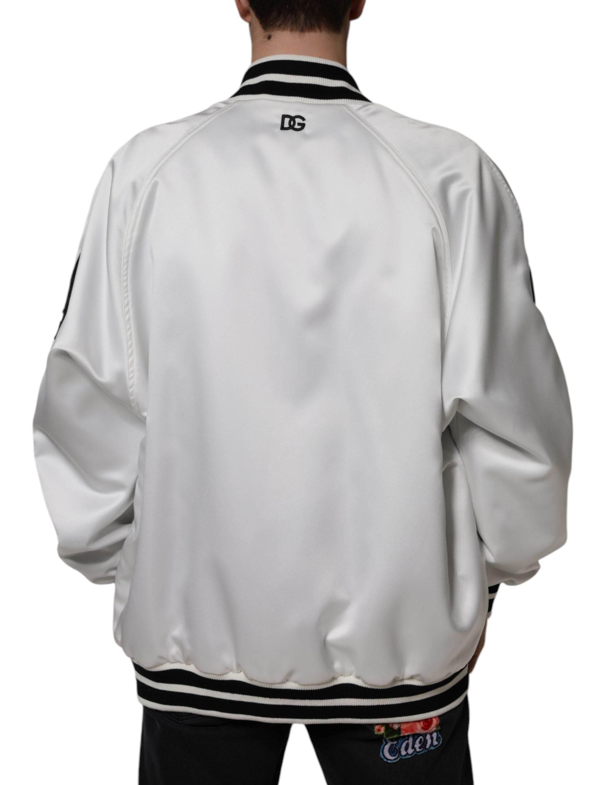 Dolce & Gabbana White Polyester Logo Full Zip Bomber Jacket - Hilstor