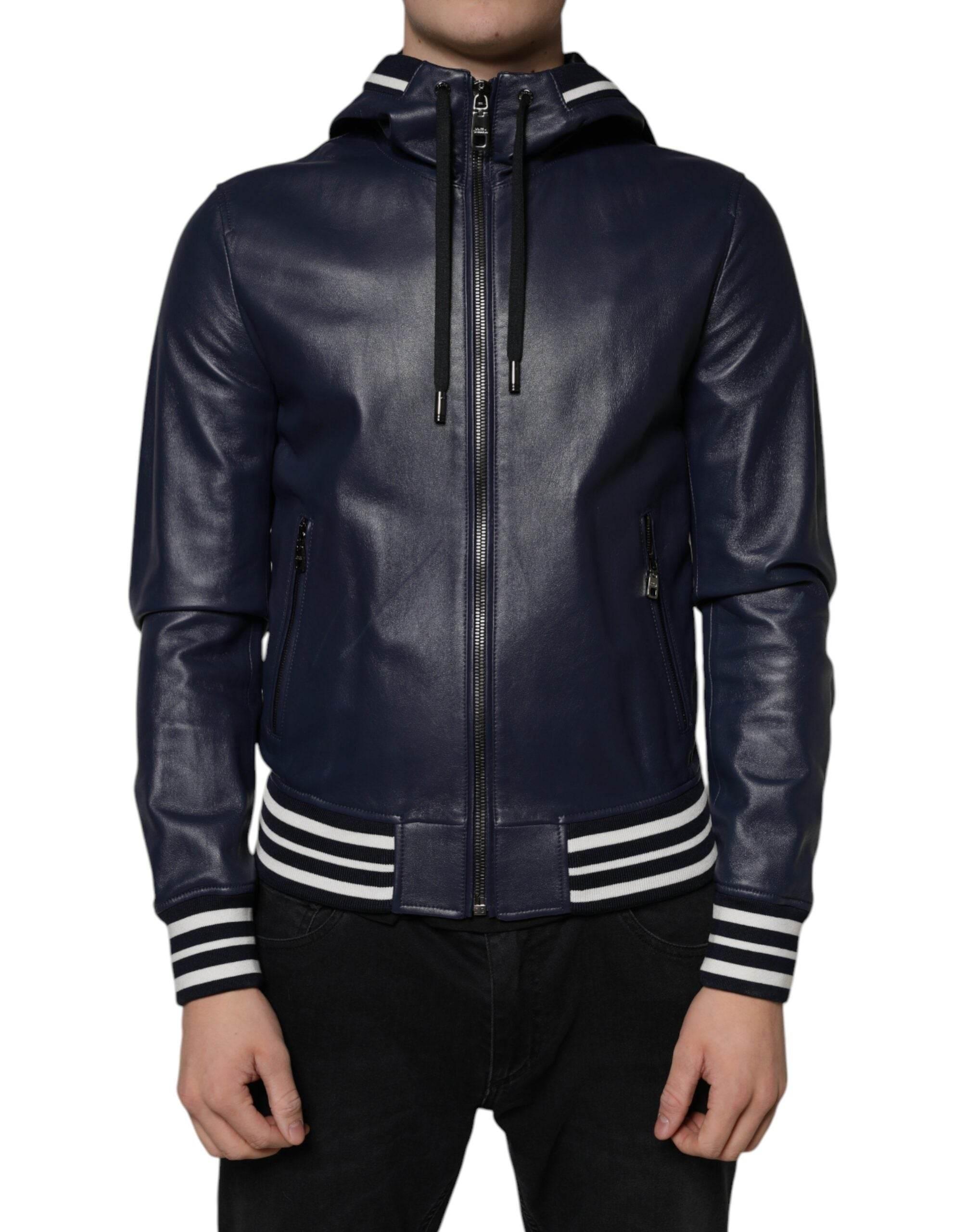 Dolce & Gabbana Blue Leather Full Zip Hooded Bomber Jacket - Hilstor
