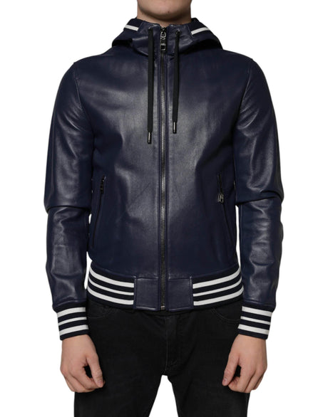 Dolce & Gabbana Blue Leather Full Zip Hooded Bomber Jacket - Hilstor