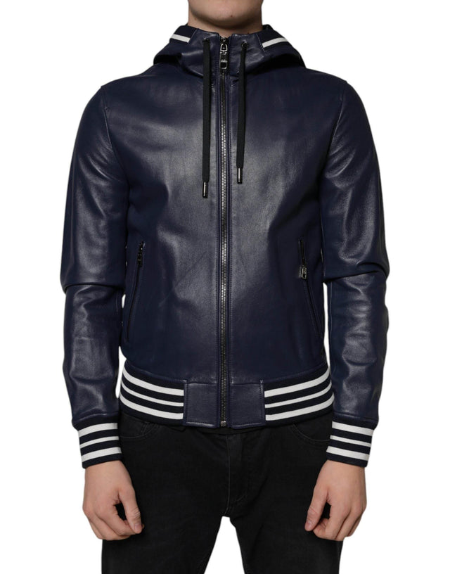 Dolce & Gabbana Blue Leather Full Zip Hooded Bomber Jacket - Hilstor