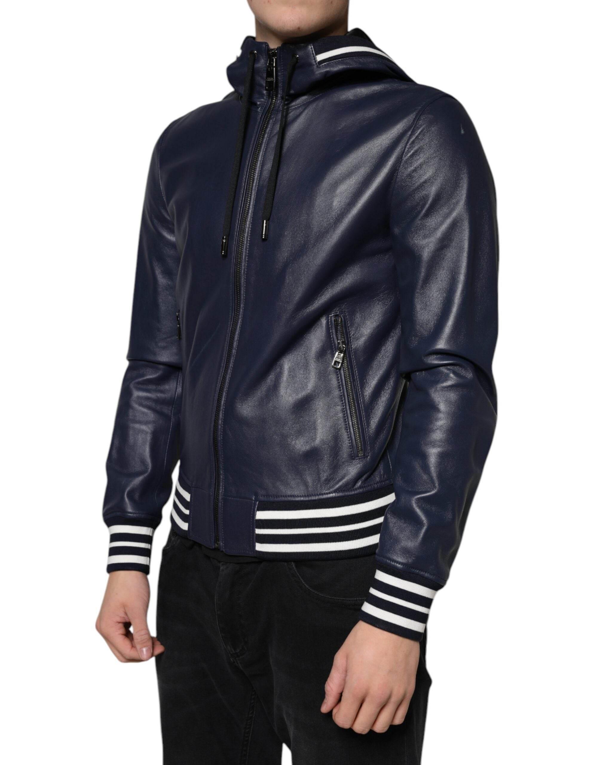 Dolce & Gabbana Blue Leather Full Zip Hooded Bomber Jacket - Hilstor