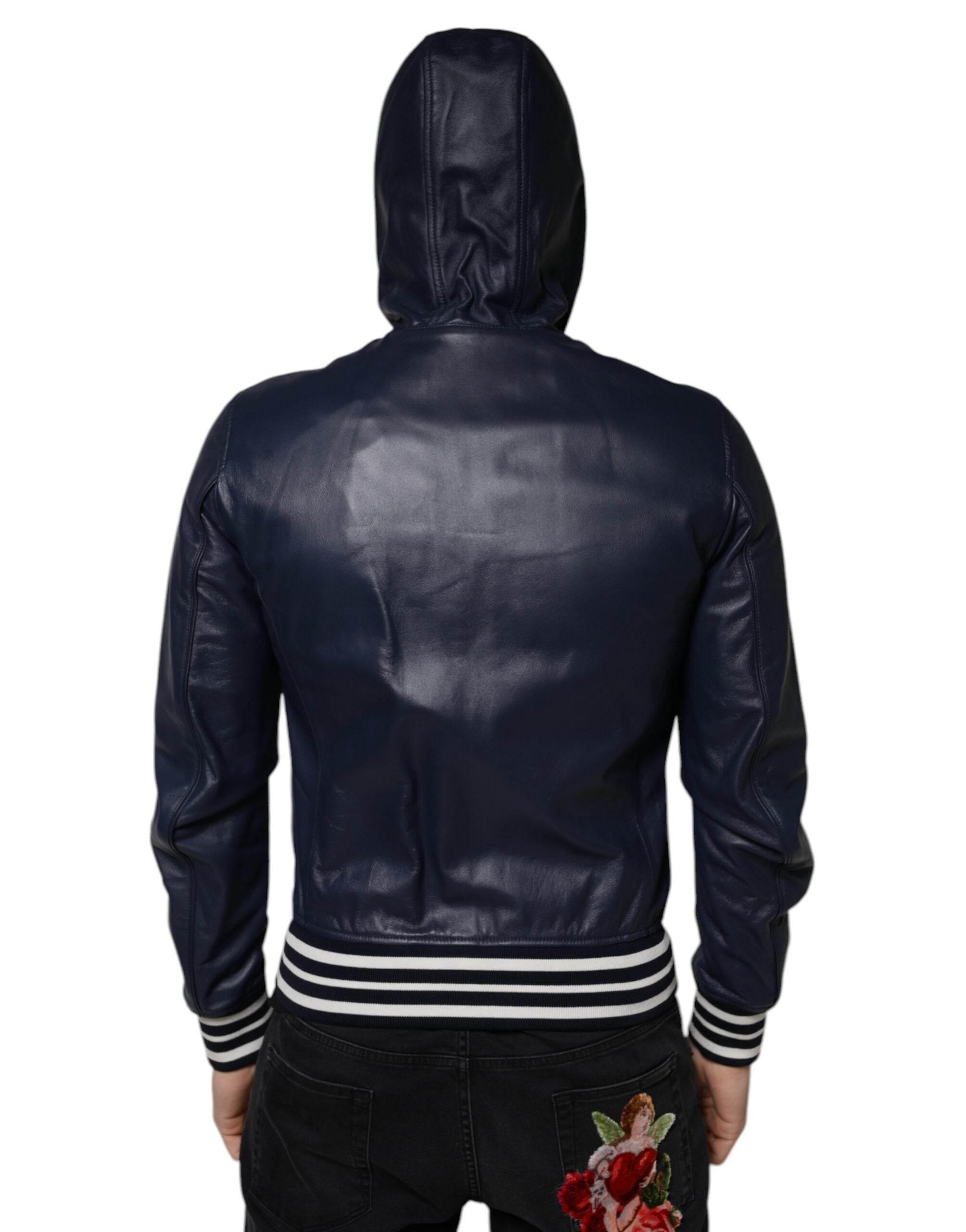 Dolce & Gabbana Blue Leather Full Zip Hooded Bomber Jacket - Hilstor