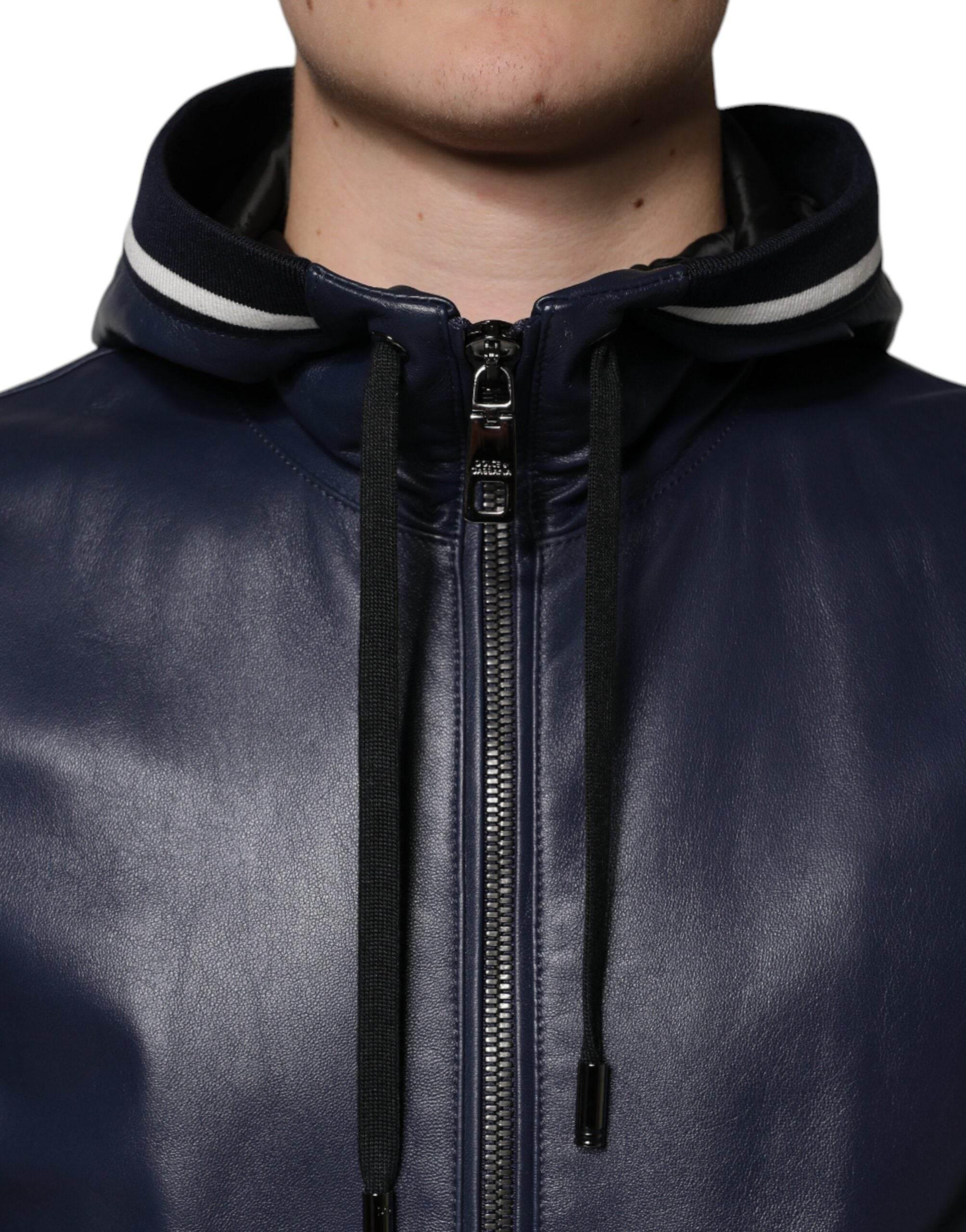Dolce & Gabbana Blue Leather Full Zip Hooded Bomber Jacket - Hilstor