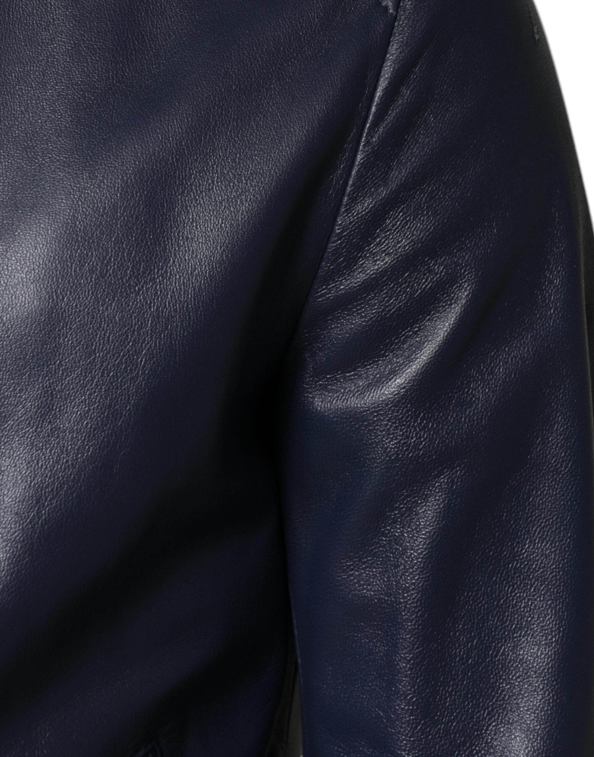 Dolce & Gabbana Blue Leather Full Zip Hooded Bomber Jacket - Hilstor