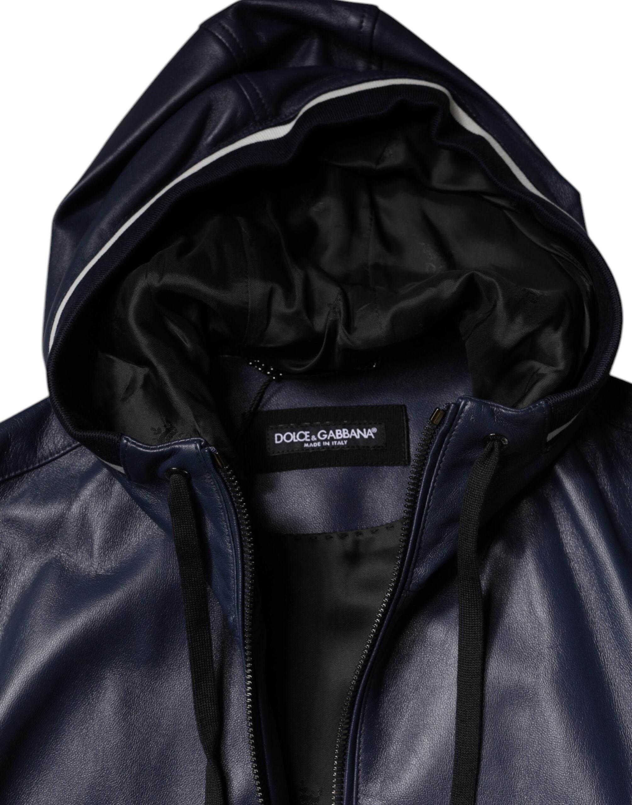Dolce & Gabbana Blue Leather Full Zip Hooded Bomber Jacket - Hilstor