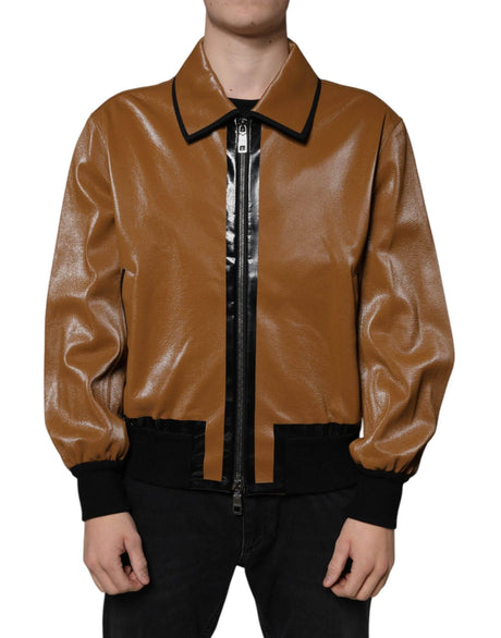 Dolce & Gabbana Brown Leather Full Zip Men Bomber Jacket - Hilstor