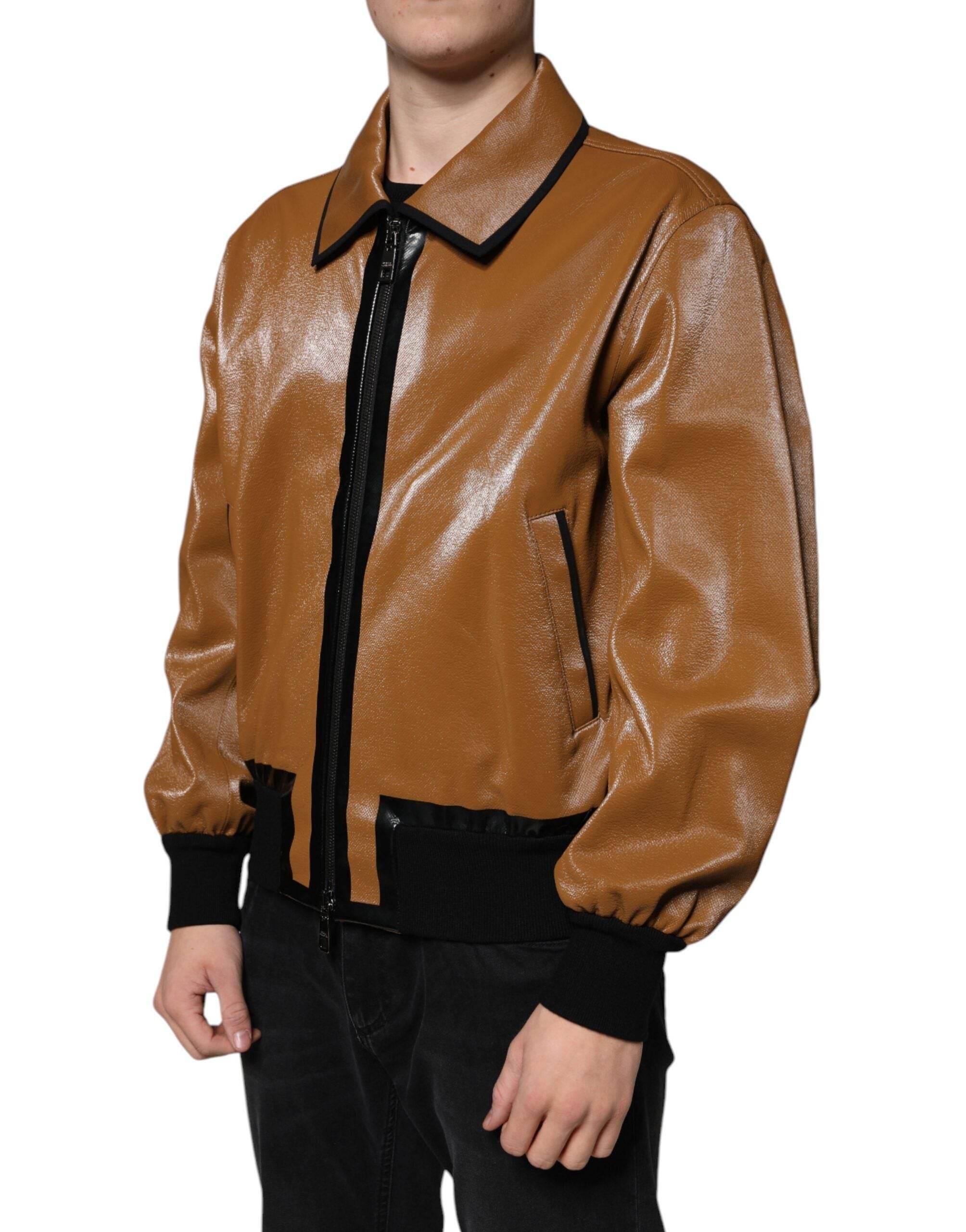 Dolce & Gabbana Brown Leather Full Zip Men Bomber Jacket - Hilstor