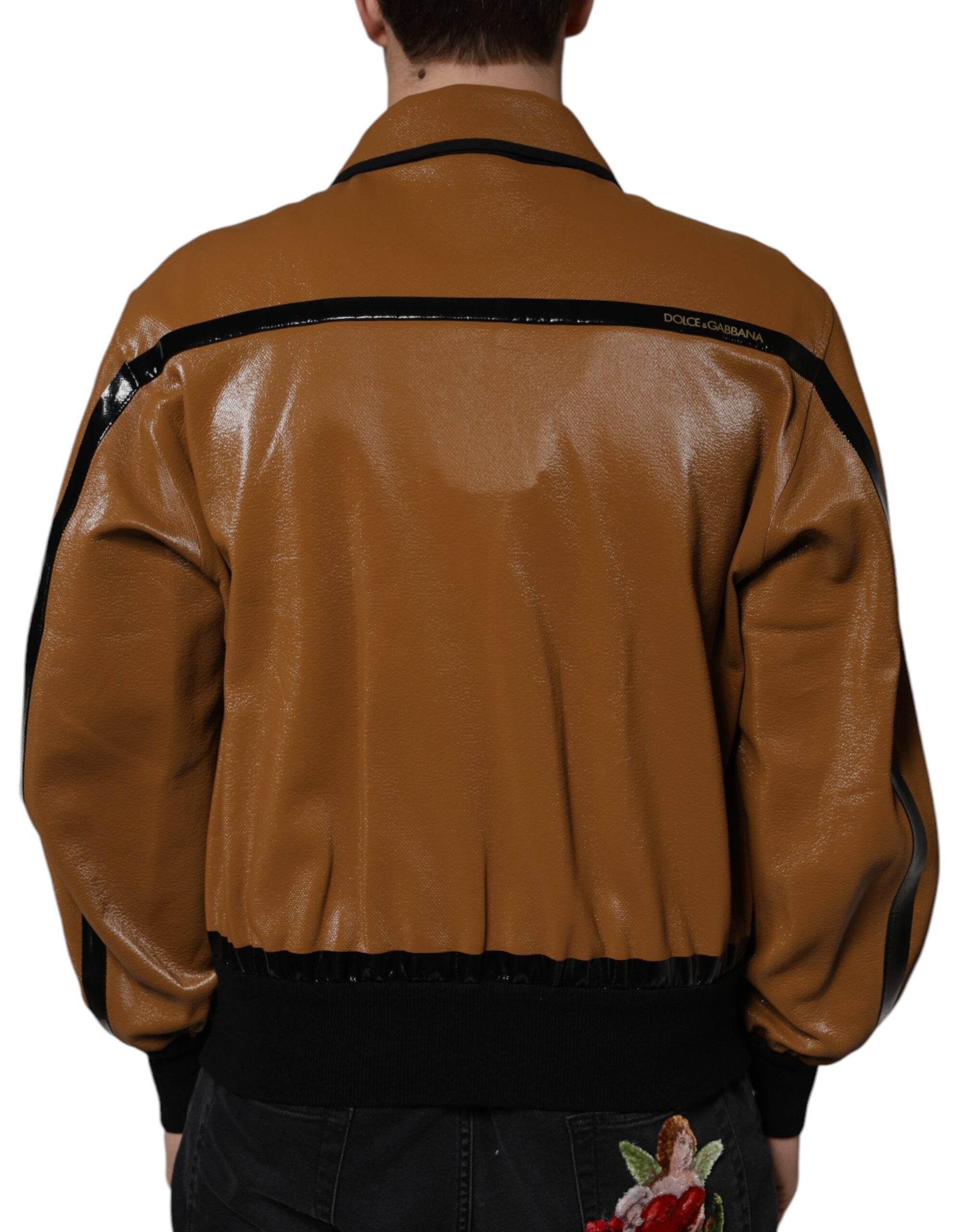 Dolce & Gabbana Brown Leather Full Zip Men Bomber Jacket - Hilstor