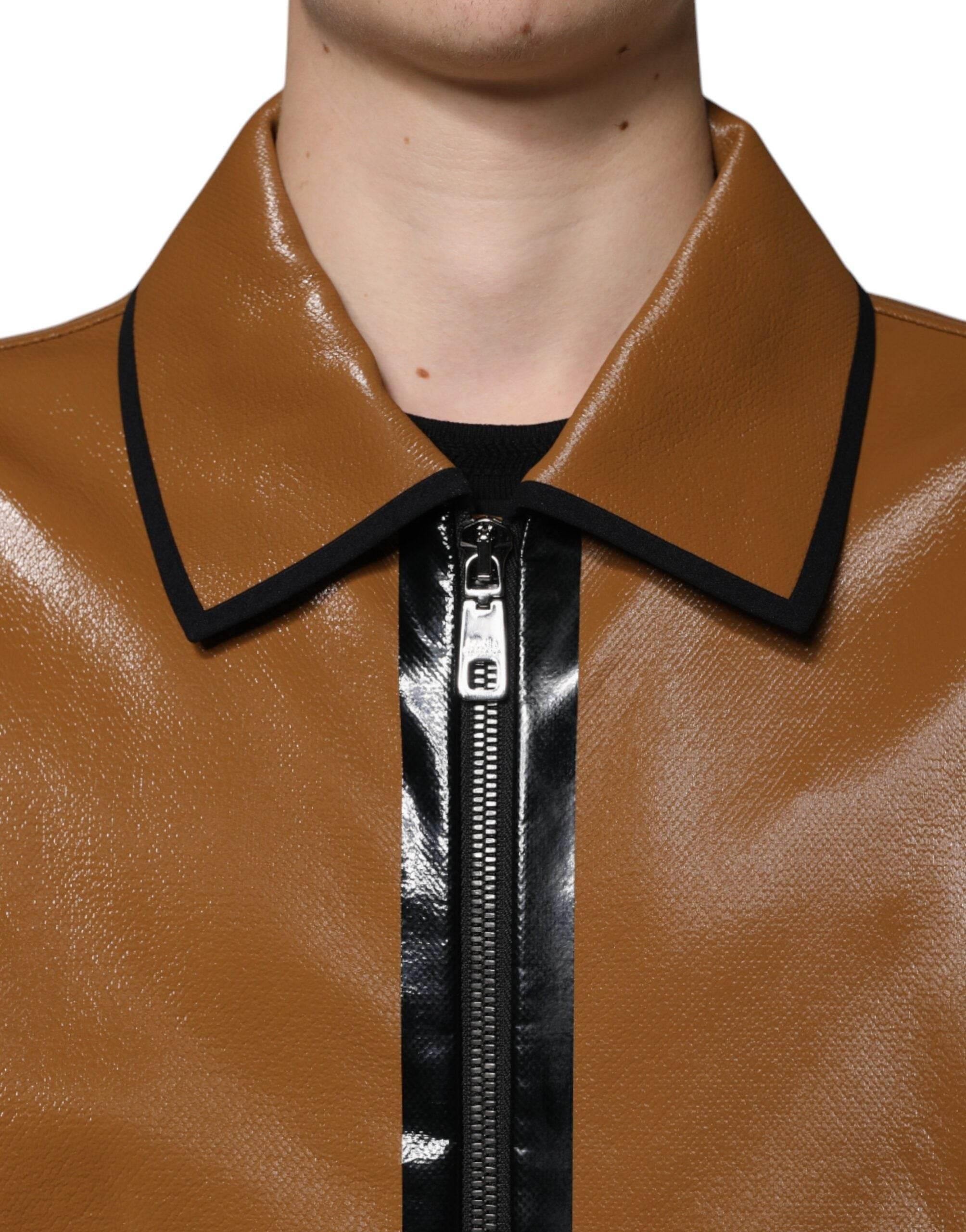 Dolce & Gabbana Brown Leather Full Zip Men Bomber Jacket - Hilstor