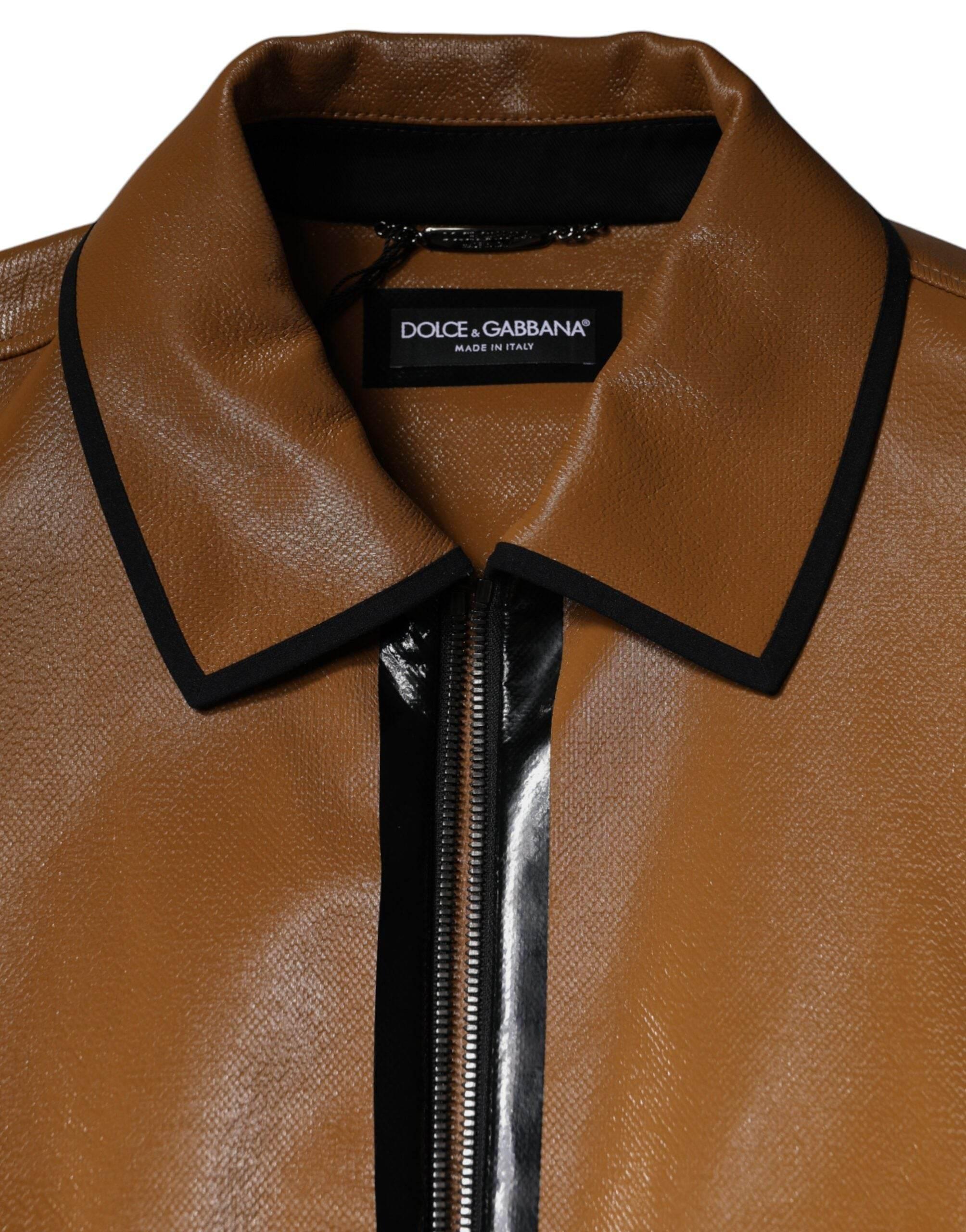 Dolce & Gabbana Brown Leather Full Zip Men Bomber Jacket - Hilstor