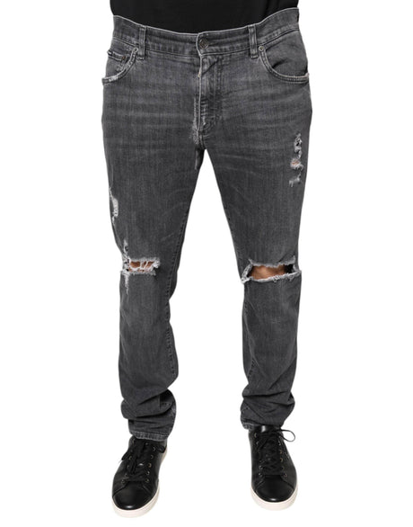 Dolce & Gabbana Dark Gray Tattered Cotton Skinny Denim Jeans - Hilstor