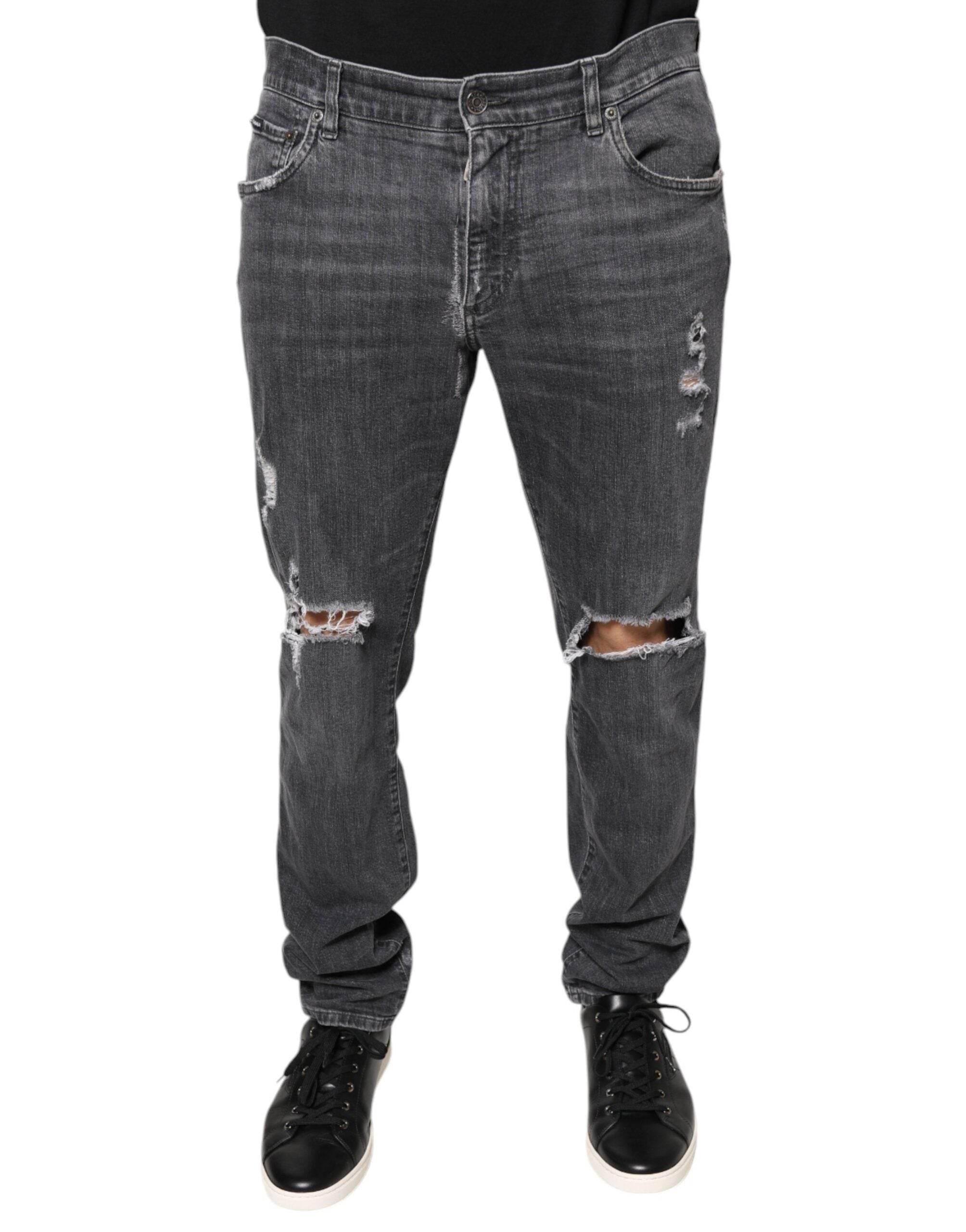 Dolce & Gabbana Dark Gray Tattered Cotton Skinny Denim Jeans - Hilstor