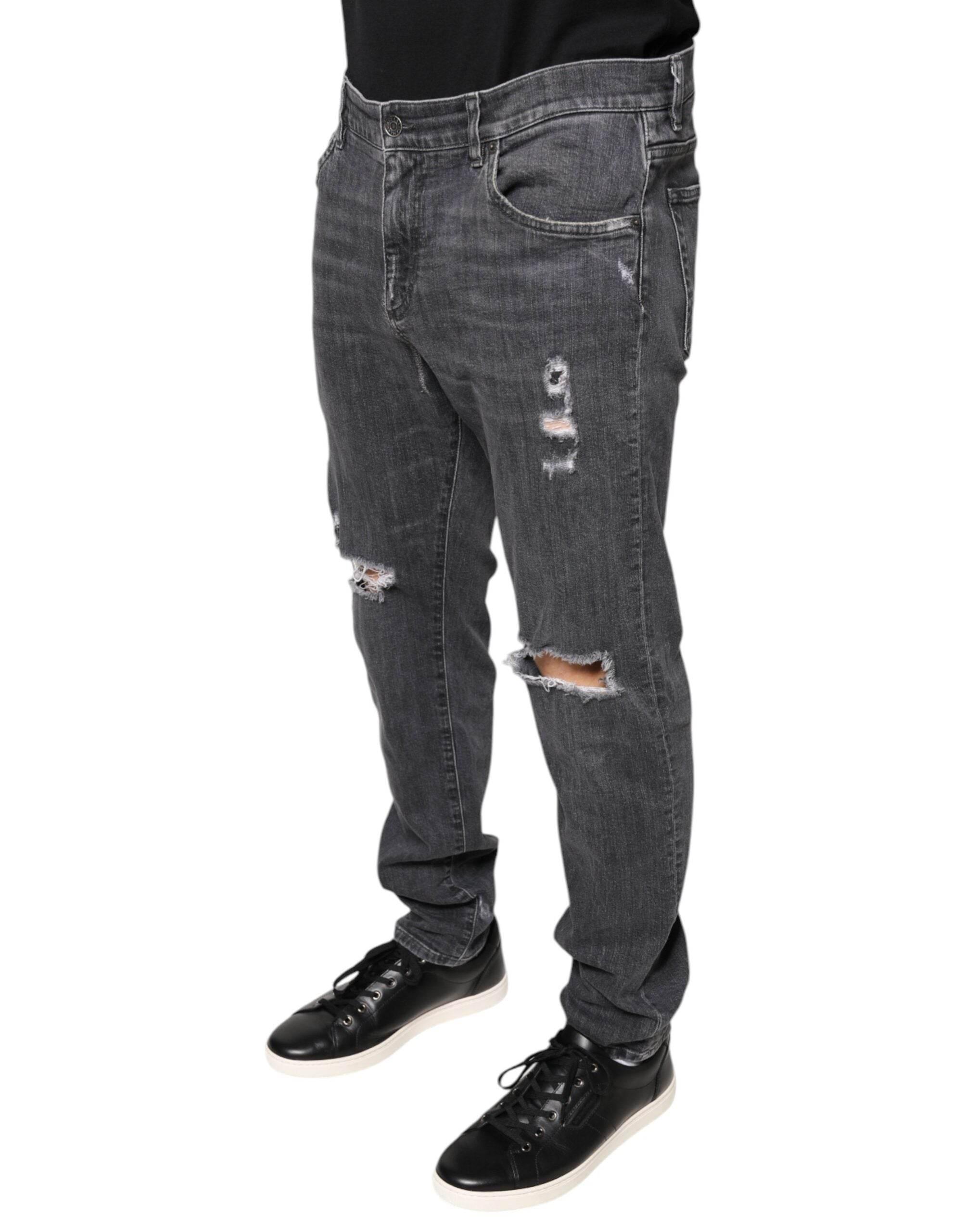 Dolce & Gabbana Dark Gray Tattered Cotton Skinny Denim Jeans - Hilstor