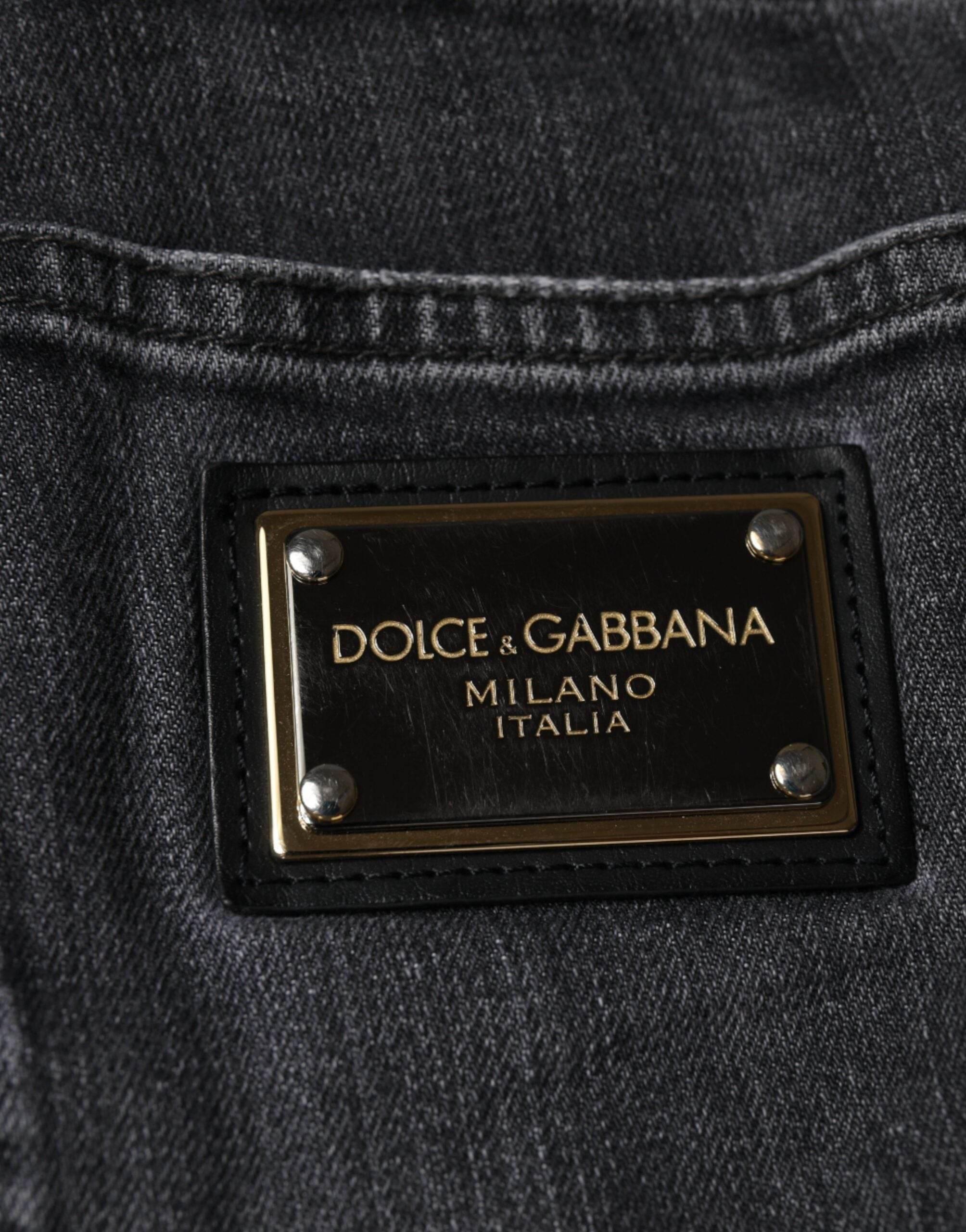 Dolce & Gabbana Dark Gray Tattered Cotton Skinny Denim Jeans - Hilstor