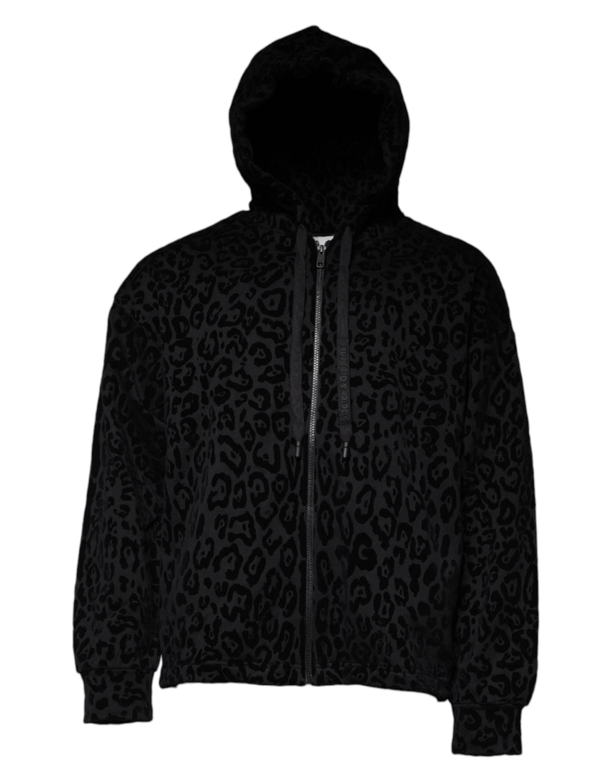 Dolce & Gabbana Black Leopard Cotton Hooded Full Zip Sweater - Hilstor