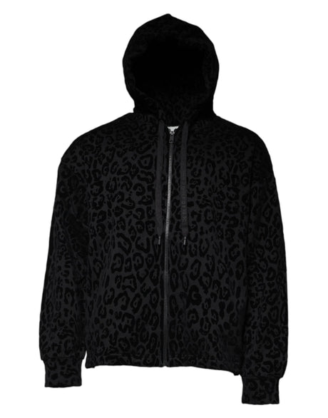 Dolce & Gabbana Black Leopard Cotton Hooded Full Zip Sweater - Hilstor