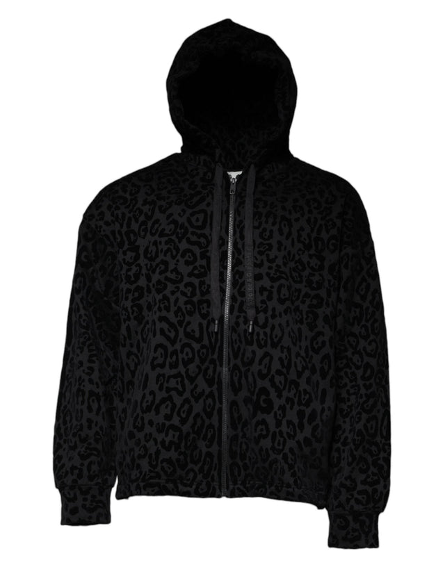 Dolce & Gabbana Black Leopard Cotton Hooded Full Zip Sweater - Hilstor