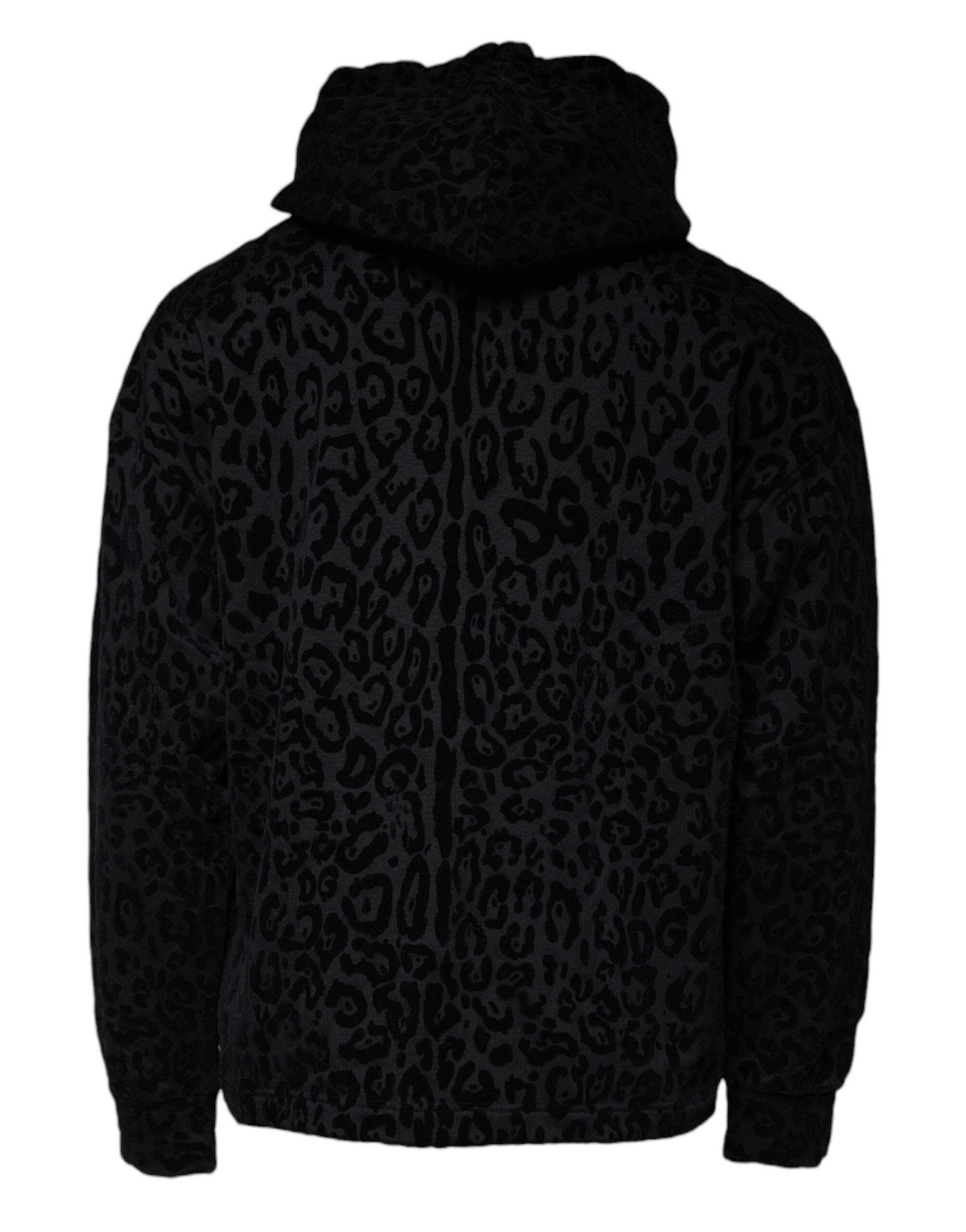 Dolce & Gabbana Black Leopard Cotton Hooded Full Zip Sweater - Hilstor