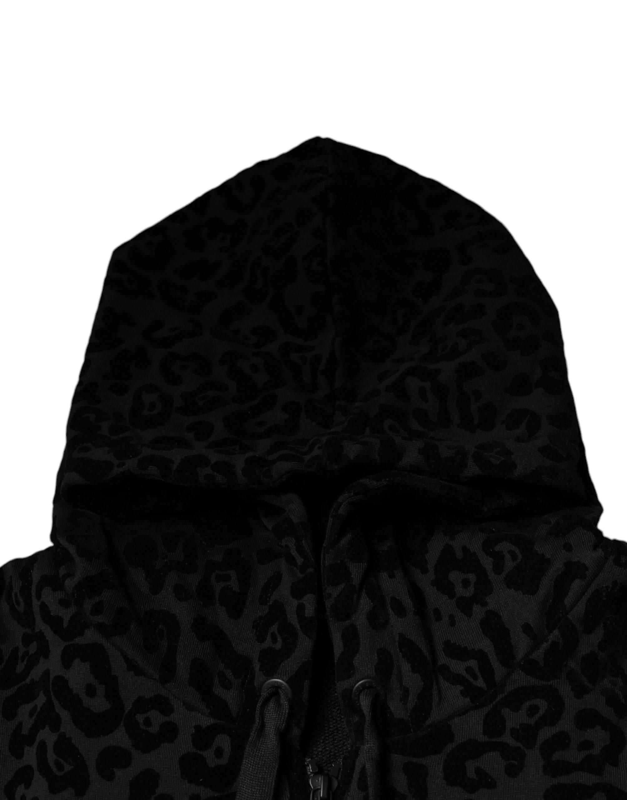 Dolce & Gabbana Black Leopard Cotton Hooded Full Zip Sweater - Hilstor