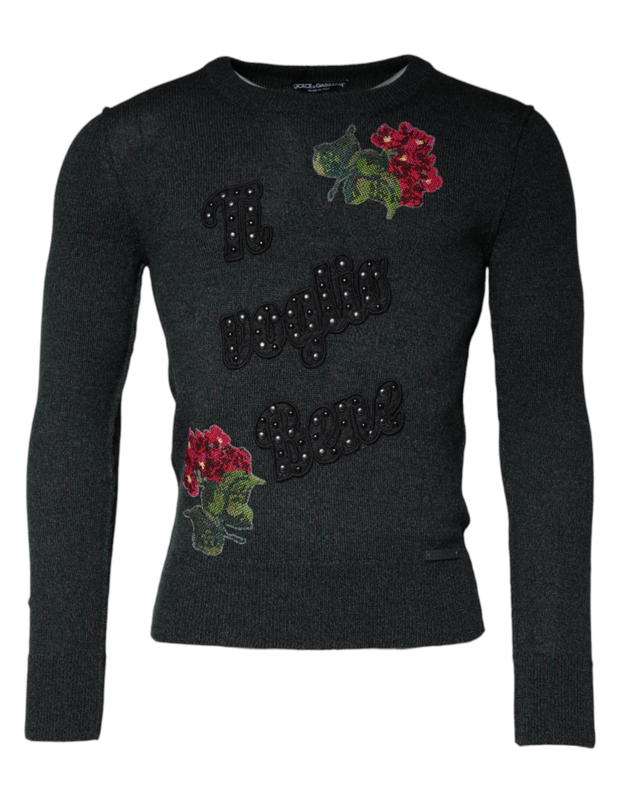 Dolce & Gabbana Gray Embellished Crew Neck Pullover Sweater - Hilstor