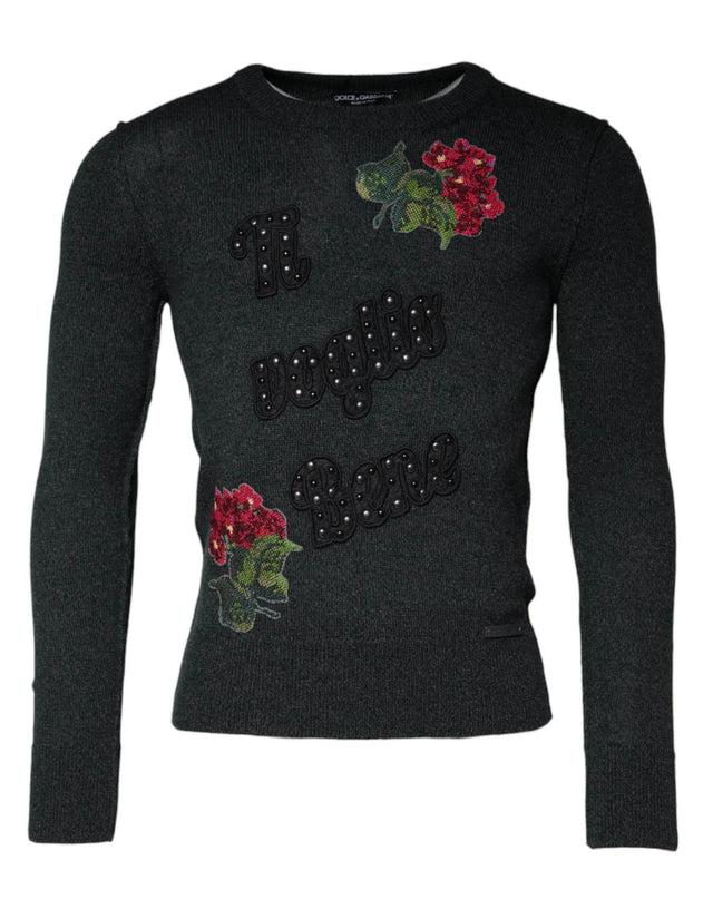 Dolce & Gabbana Gray Embellished Crew Neck Pullover Sweater - Hilstor
