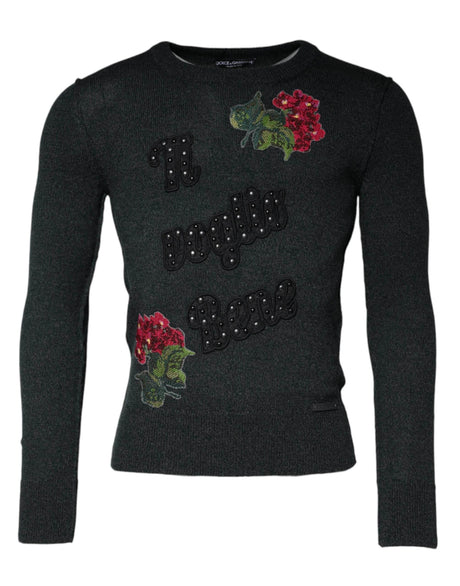 Dolce & Gabbana Gray Embellished Crew Neck Pullover Sweater - Hilstor