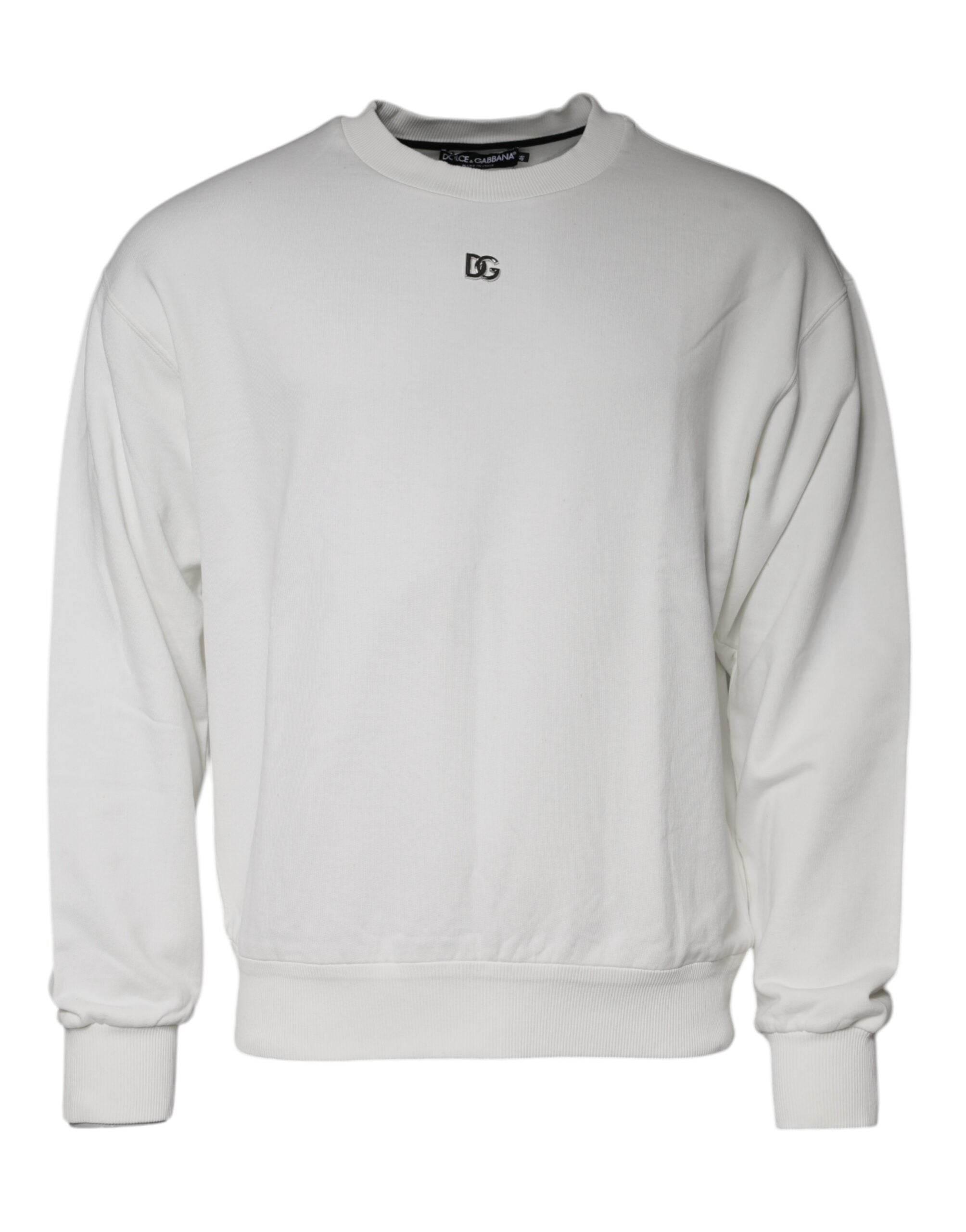 Dolce & Gabbana White Logo Cotton Crew Neck Pullover Sweater - Hilstor
