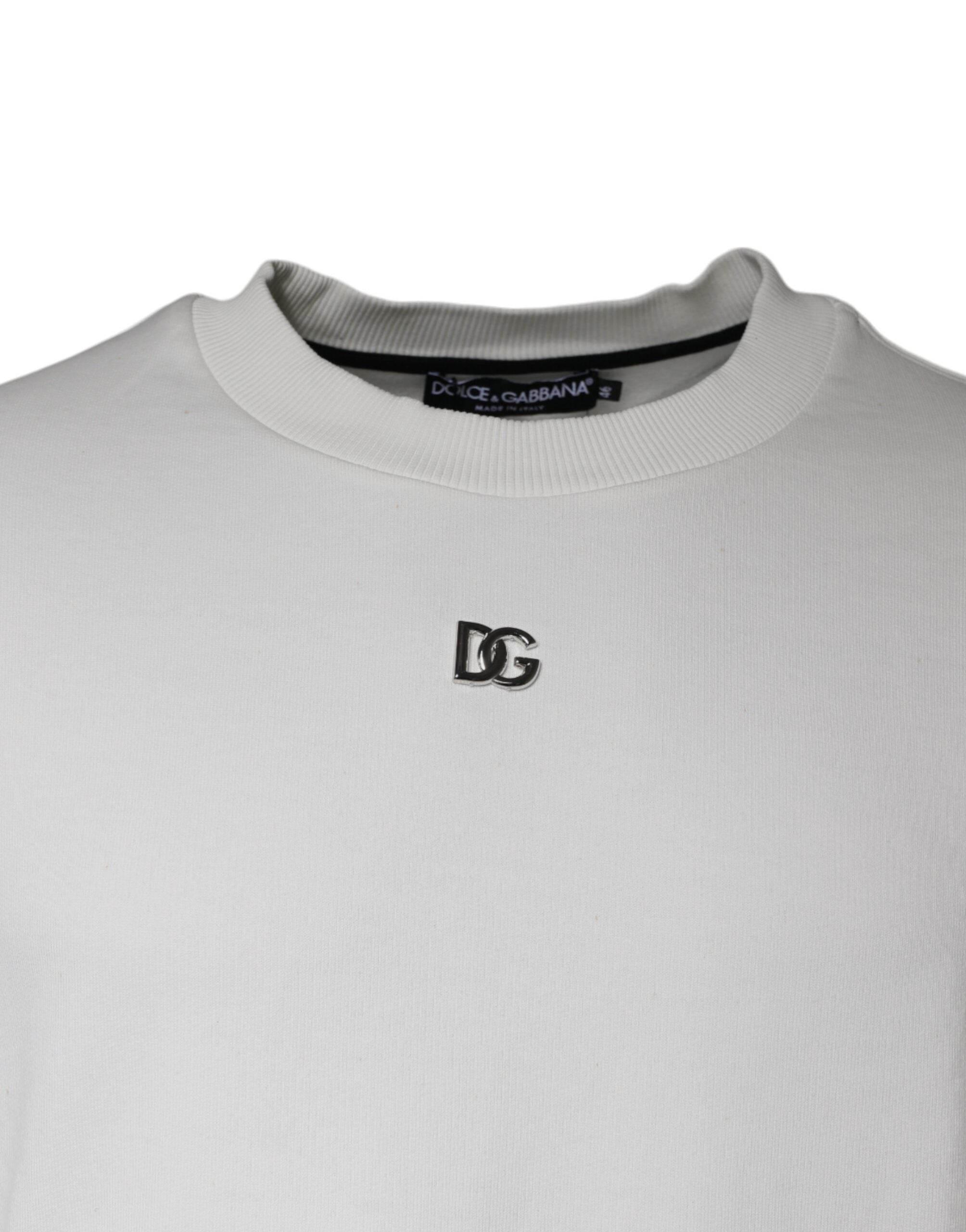Dolce & Gabbana White Logo Cotton Crew Neck Pullover Sweater - Hilstor