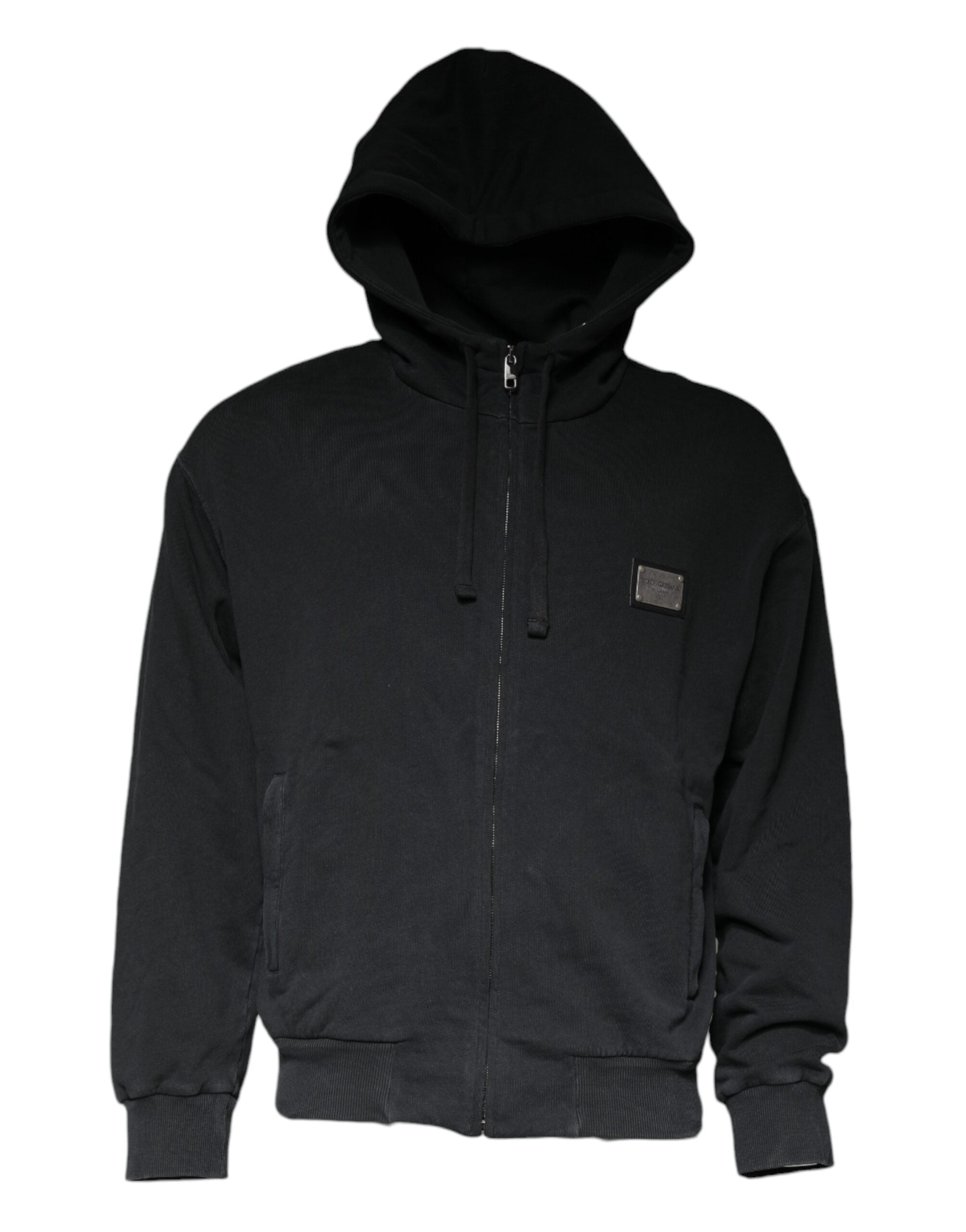 Dolce &amp; Gabbana Black Logo Plaque Sweater med hætte og fuld lynlås