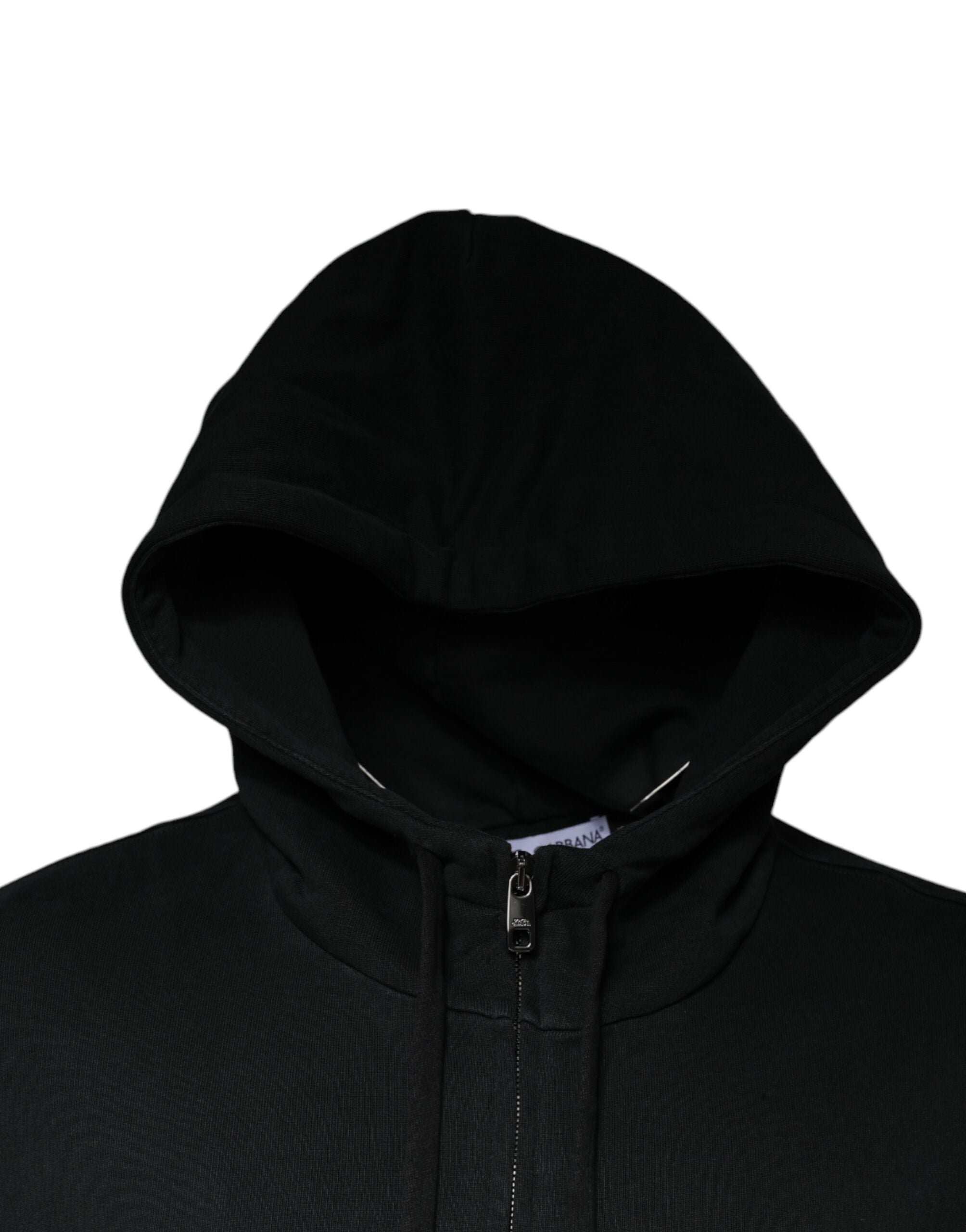 Dolce &amp; Gabbana Black Logo Plaque Sweater med hætte og fuld lynlås