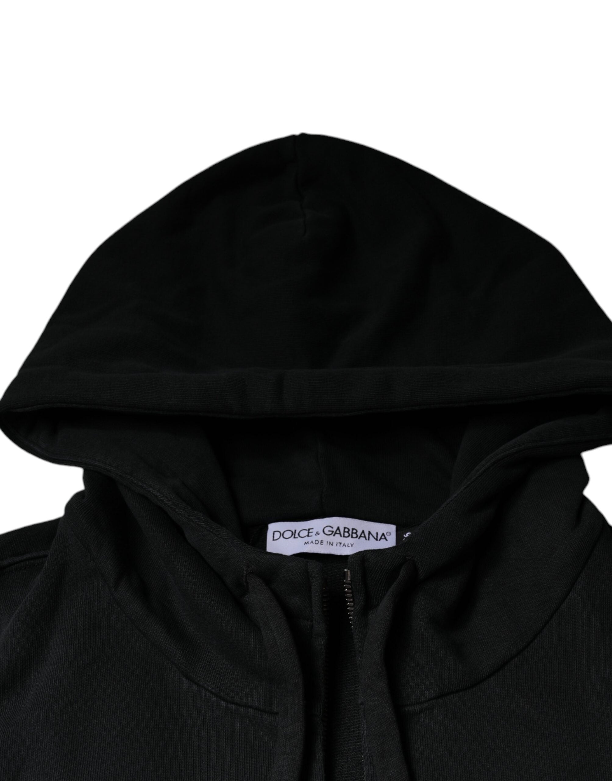 Dolce &amp; Gabbana Black Logo Plaque Sweater med hætte og fuld lynlås