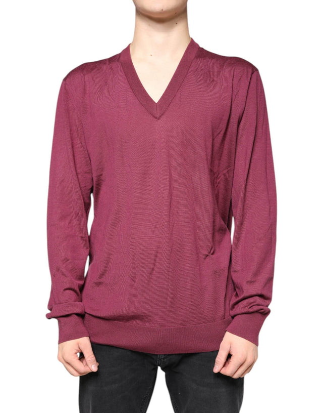 Dolce & Gabbana Maroon Cashmere V-neck Men Pullover Sweater - Hilstor