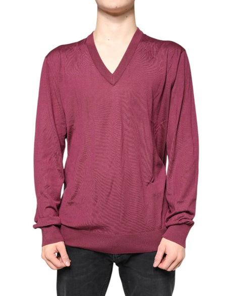 Dolce & Gabbana Maroon Cashmere V-neck Men Pullover Sweater - Hilstor