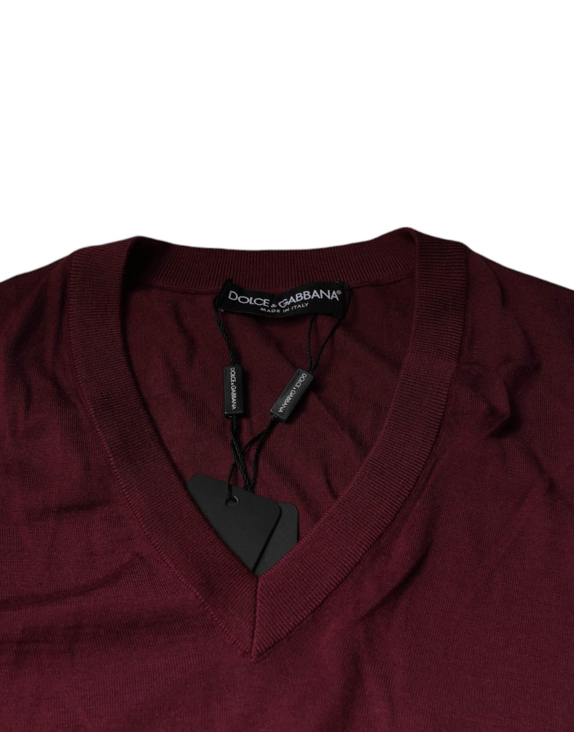 Dolce & Gabbana Maroon Cashmere V-neck Men Pullover Sweater - Hilstor