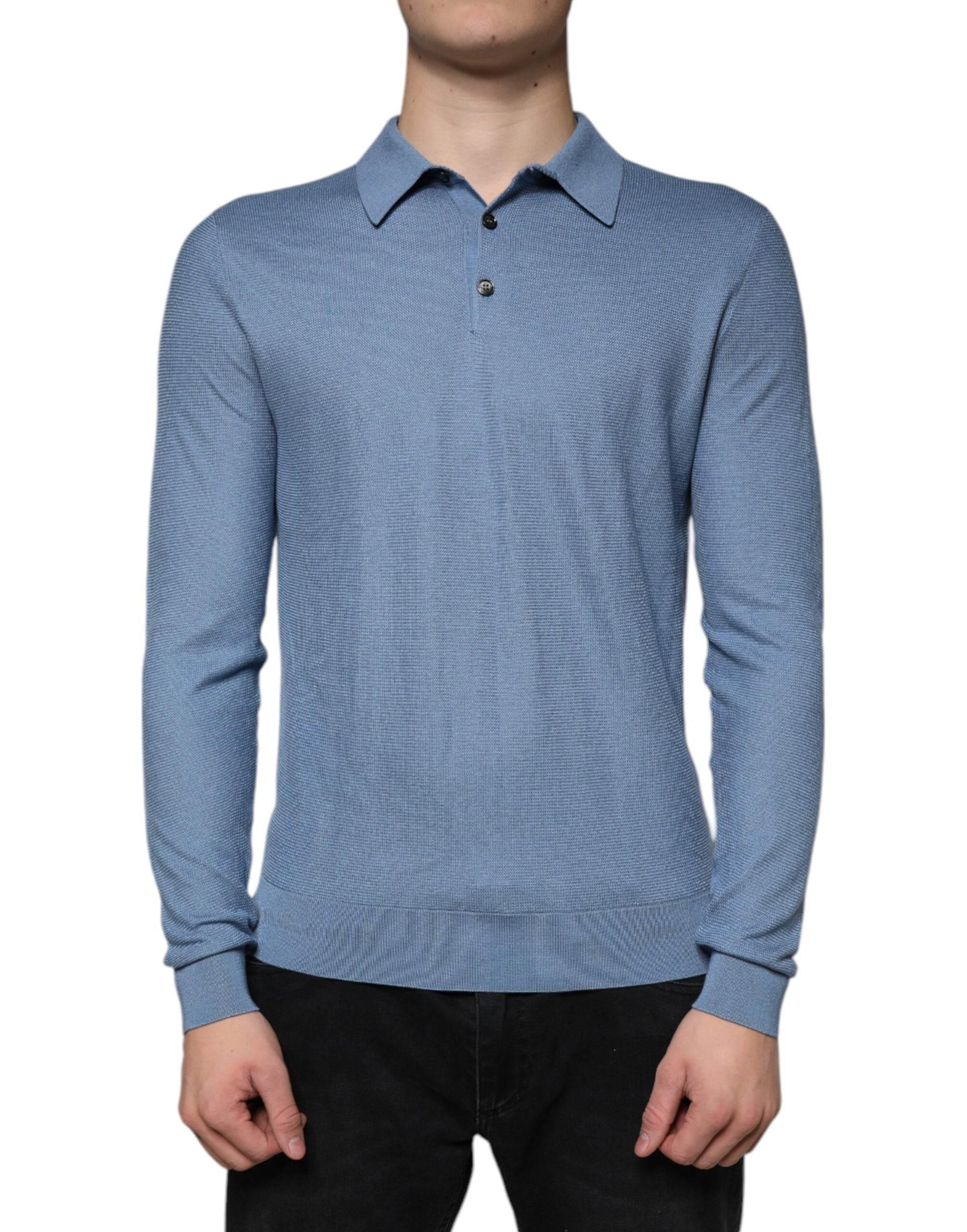 Dolce & Gabbana Sky Blue Silk Collared Men Pullover Sweater - Hilstor