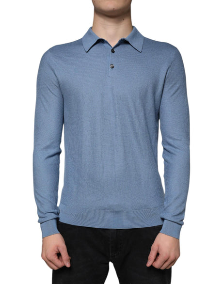 Dolce & Gabbana Sky Blue Silk Collared Men Pullover Sweater - Hilstor
