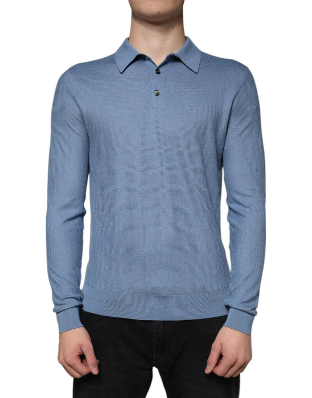 Dolce & Gabbana Sky Blue Silk Collared Men Pullover Sweater - Hilstor