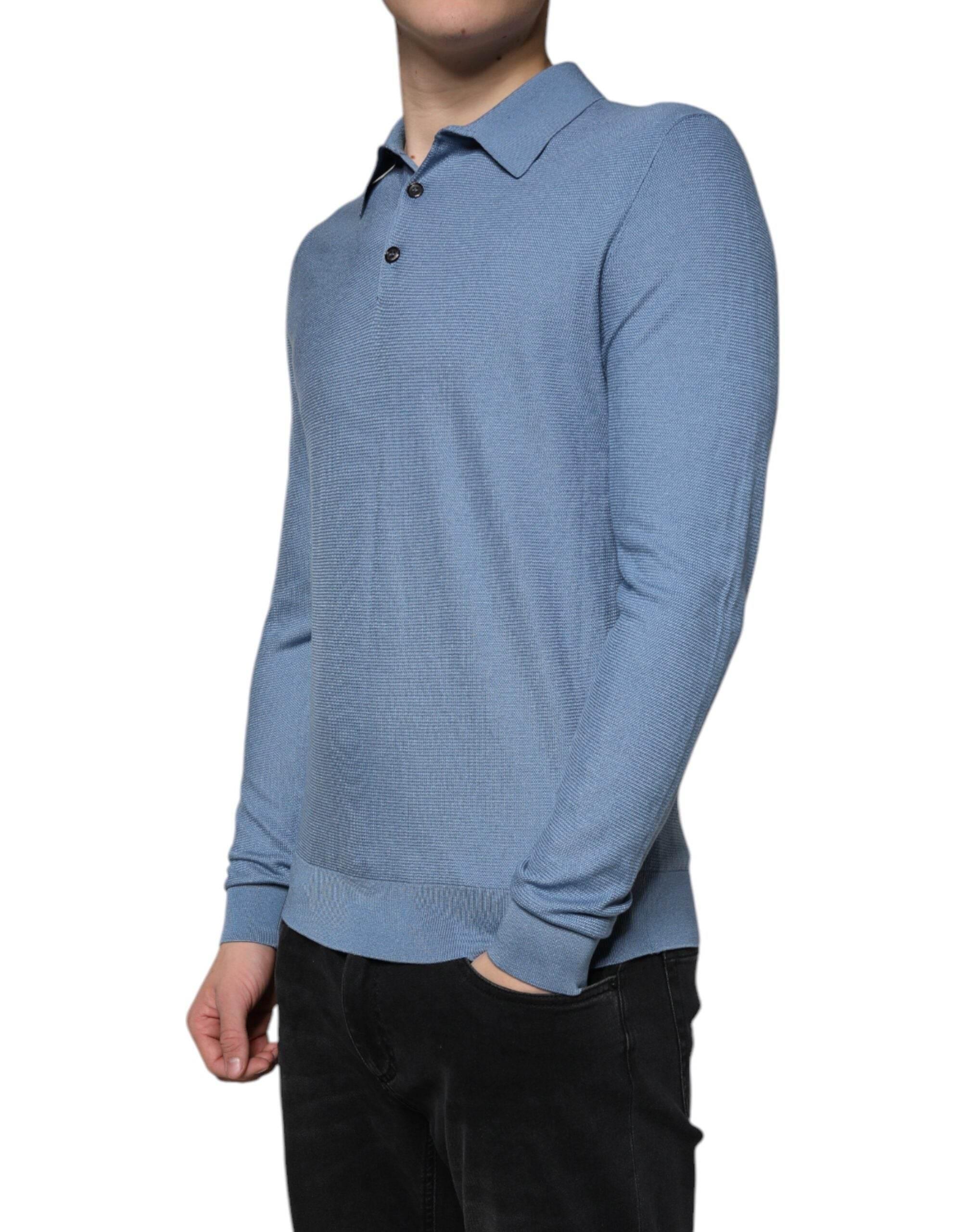 Dolce & Gabbana Sky Blue Silk Collared Men Pullover Sweater - Hilstor