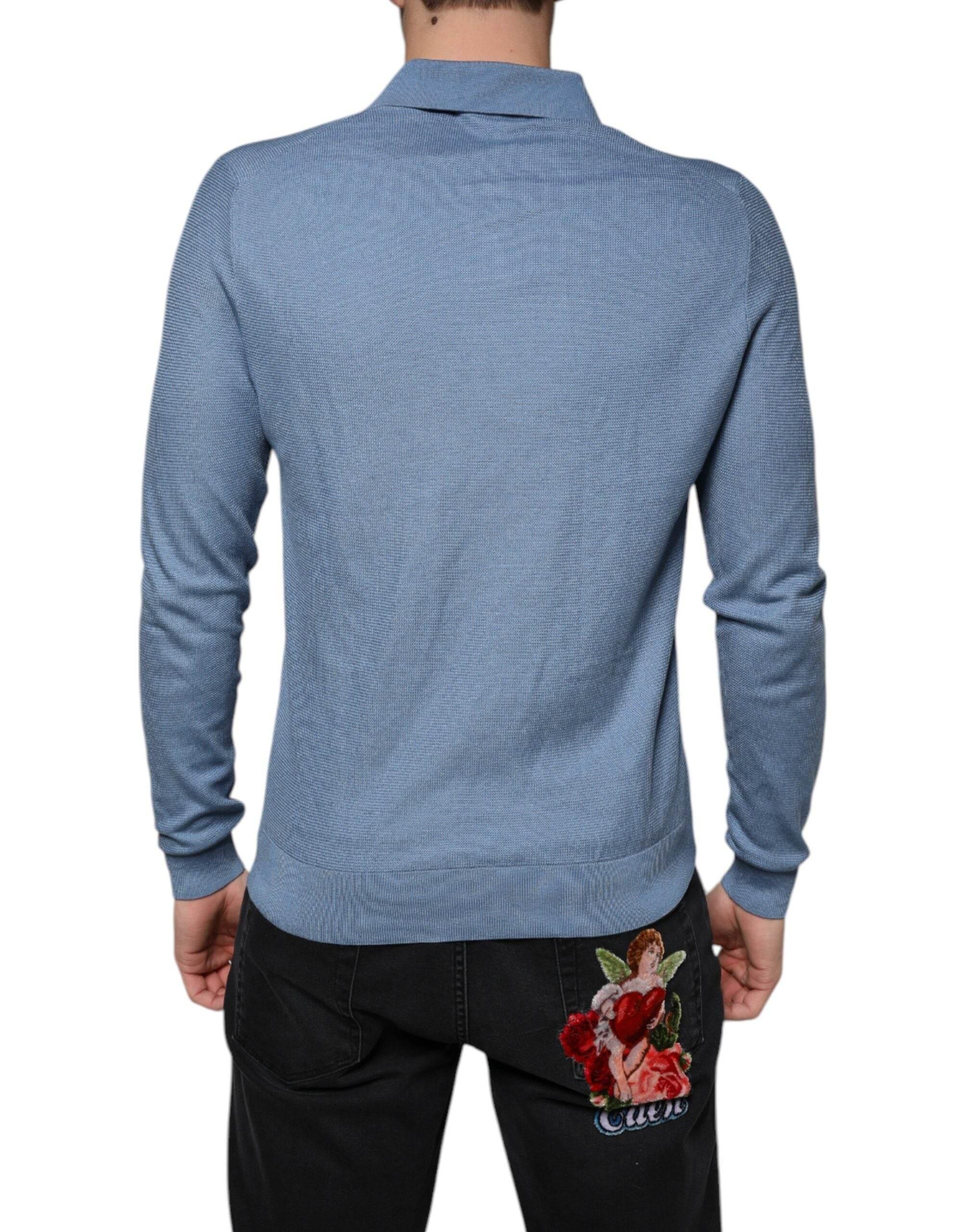 Dolce & Gabbana Sky Blue Silk Collared Men Pullover Sweater - Hilstor