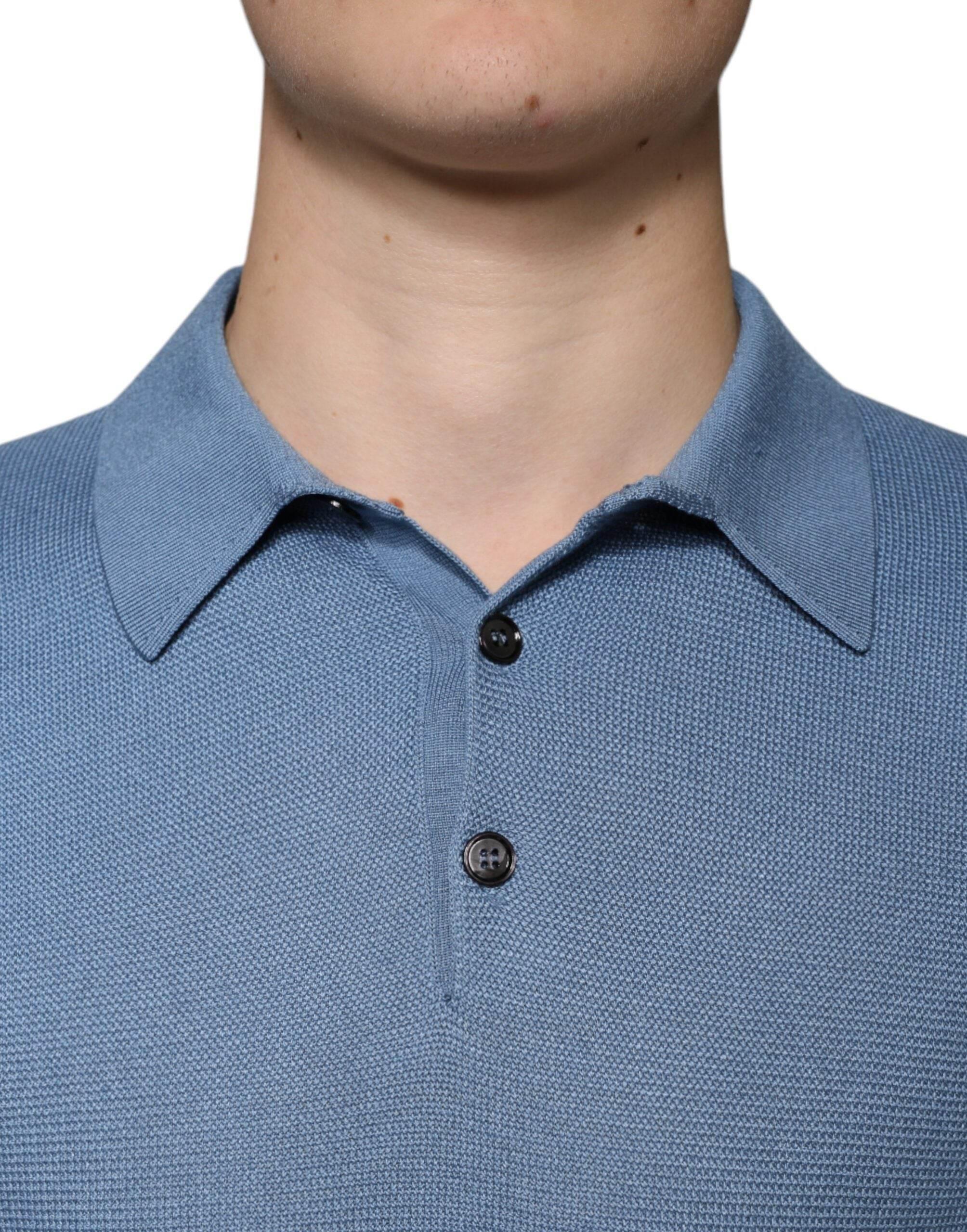 Dolce & Gabbana Sky Blue Silk Collared Men Pullover Sweater - Hilstor