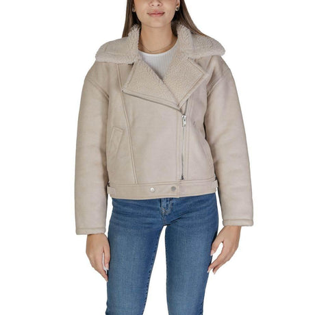 Vila Clothes Beige Artificial Leather Jackets & Coat - Hilstor