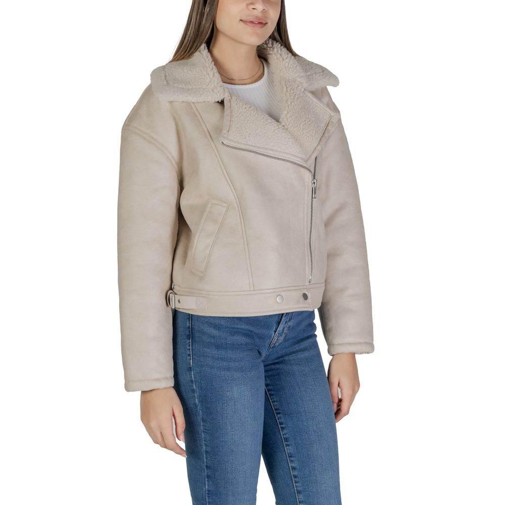 Vila Clothes Beige Artificial Leather Jackets & Coat - Hilstor