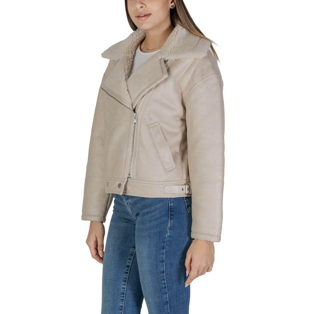 Vila Clothes Beige Artificial Leather Jackets & Coat - Hilstor