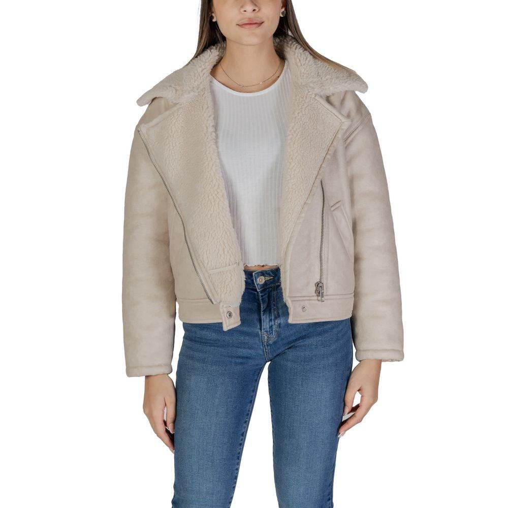 Vila Clothes Beige Artificial Leather Jackets & Coat - Hilstor