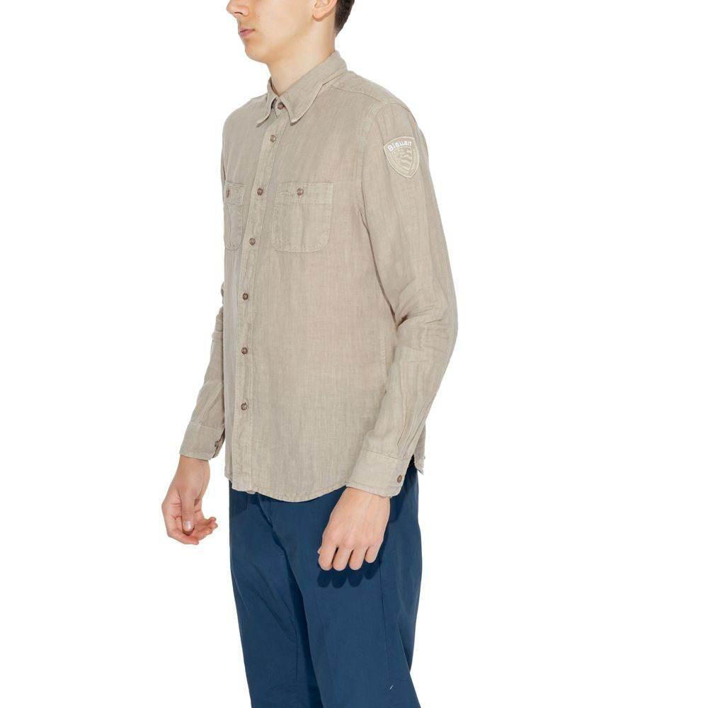 Blauer Beige Linen Shirt - Hilstor