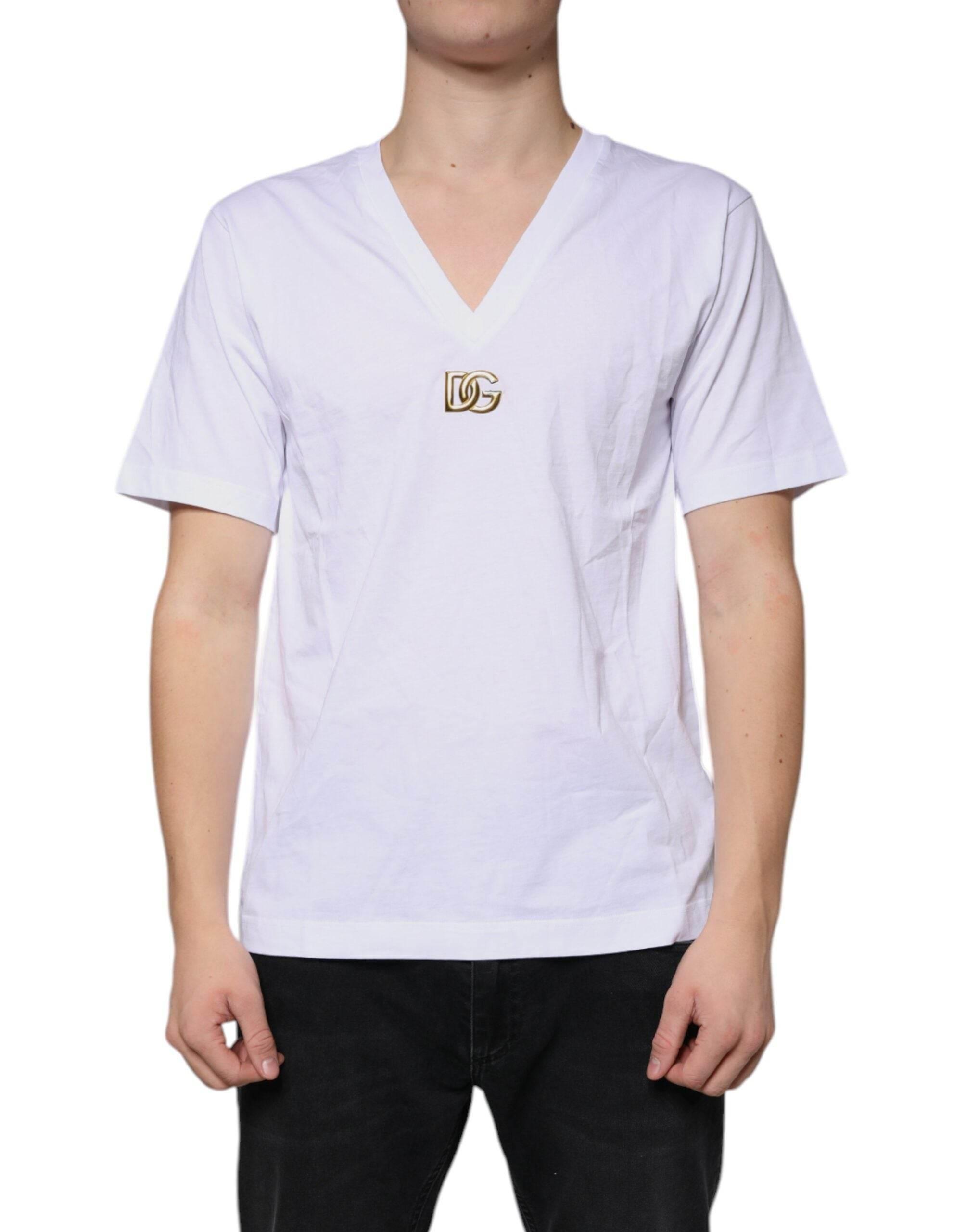 Dolce & Gabbana White Logo Cotton Vneck Short Sleeve T-shirt - Hilstor
