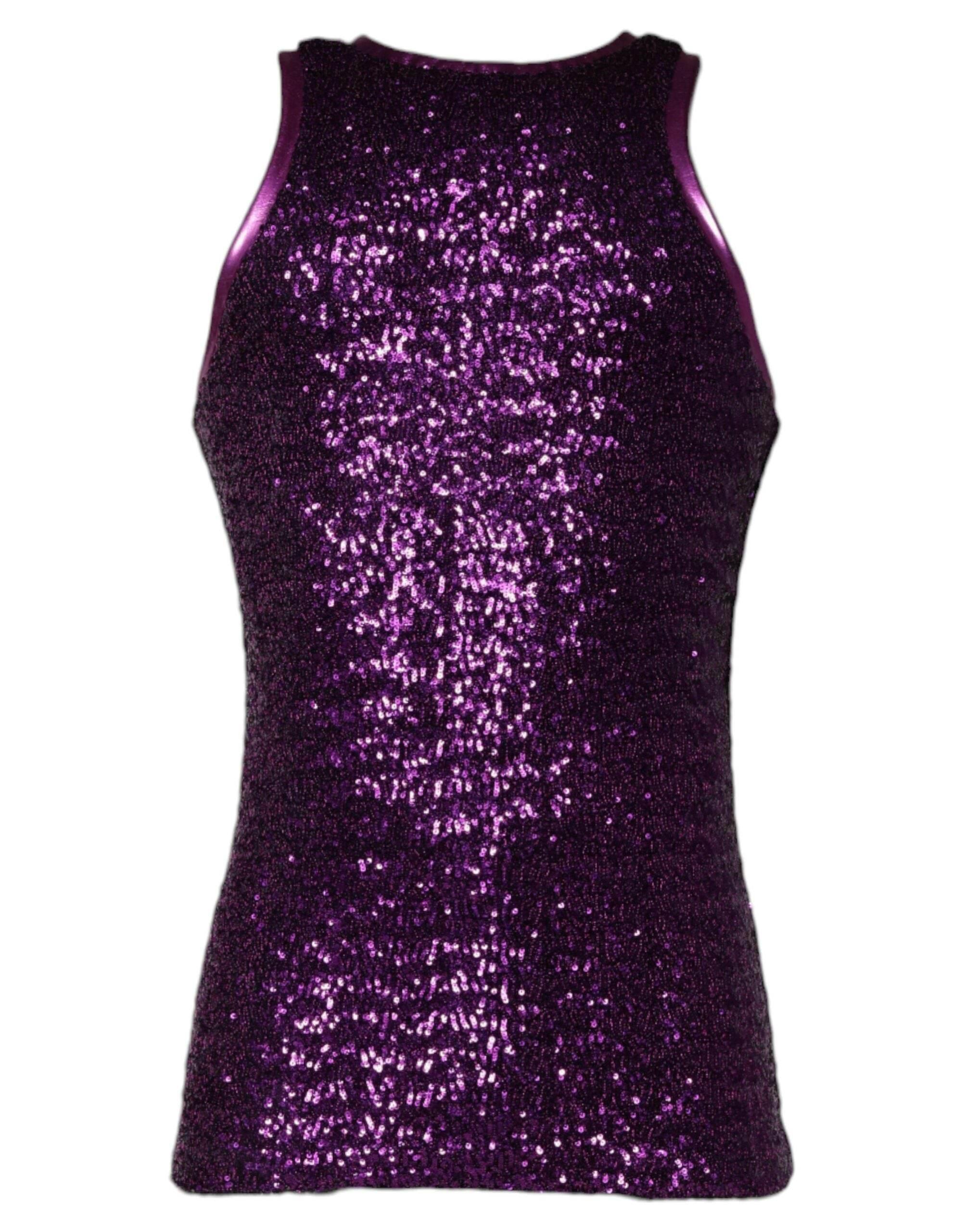 Dolce & Gabbana Purple Sequin Round Neck Sleeveless T-shirt - Hilstor