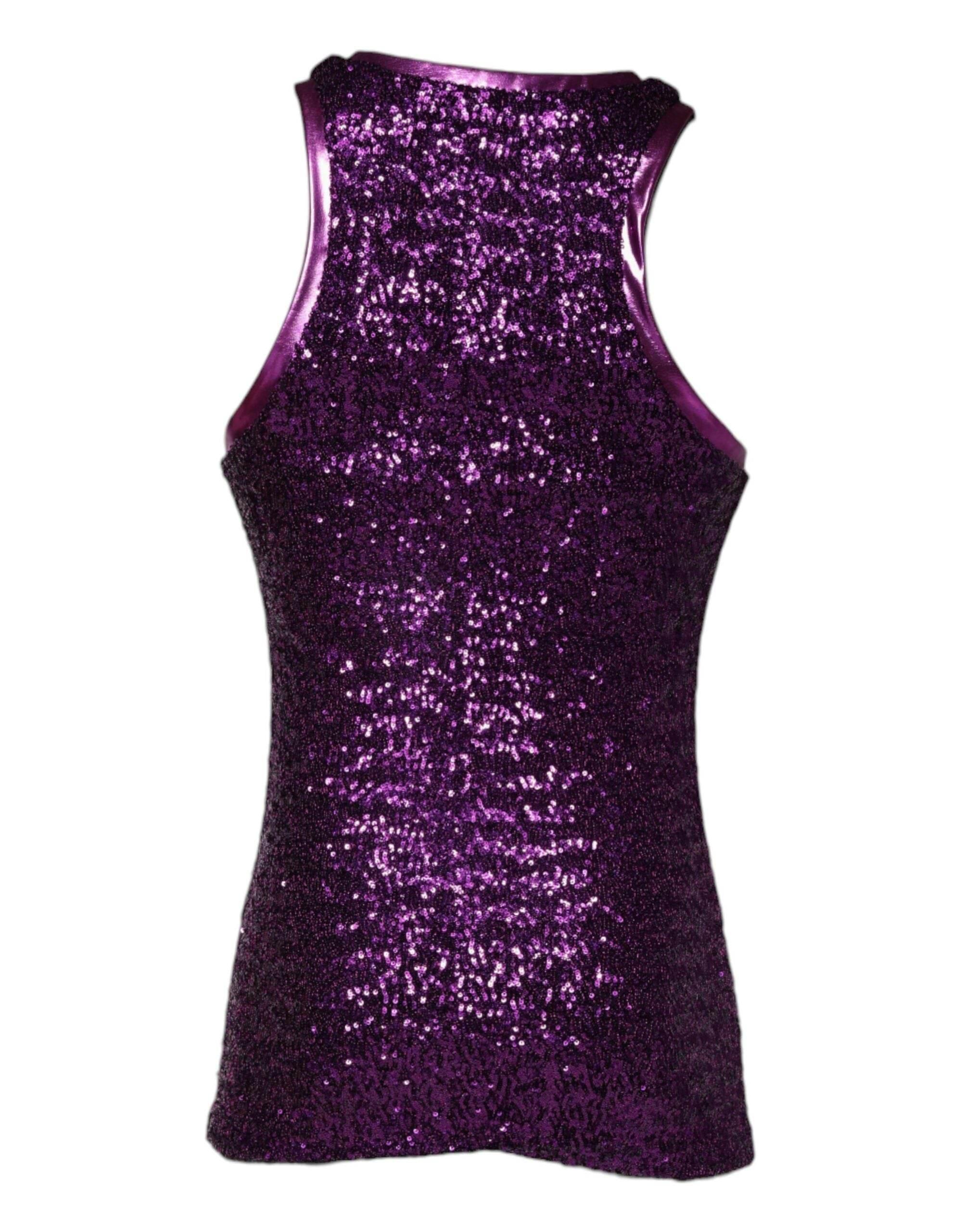 Dolce & Gabbana Purple Sequin Round Neck Sleeveless T-shirt - Hilstor