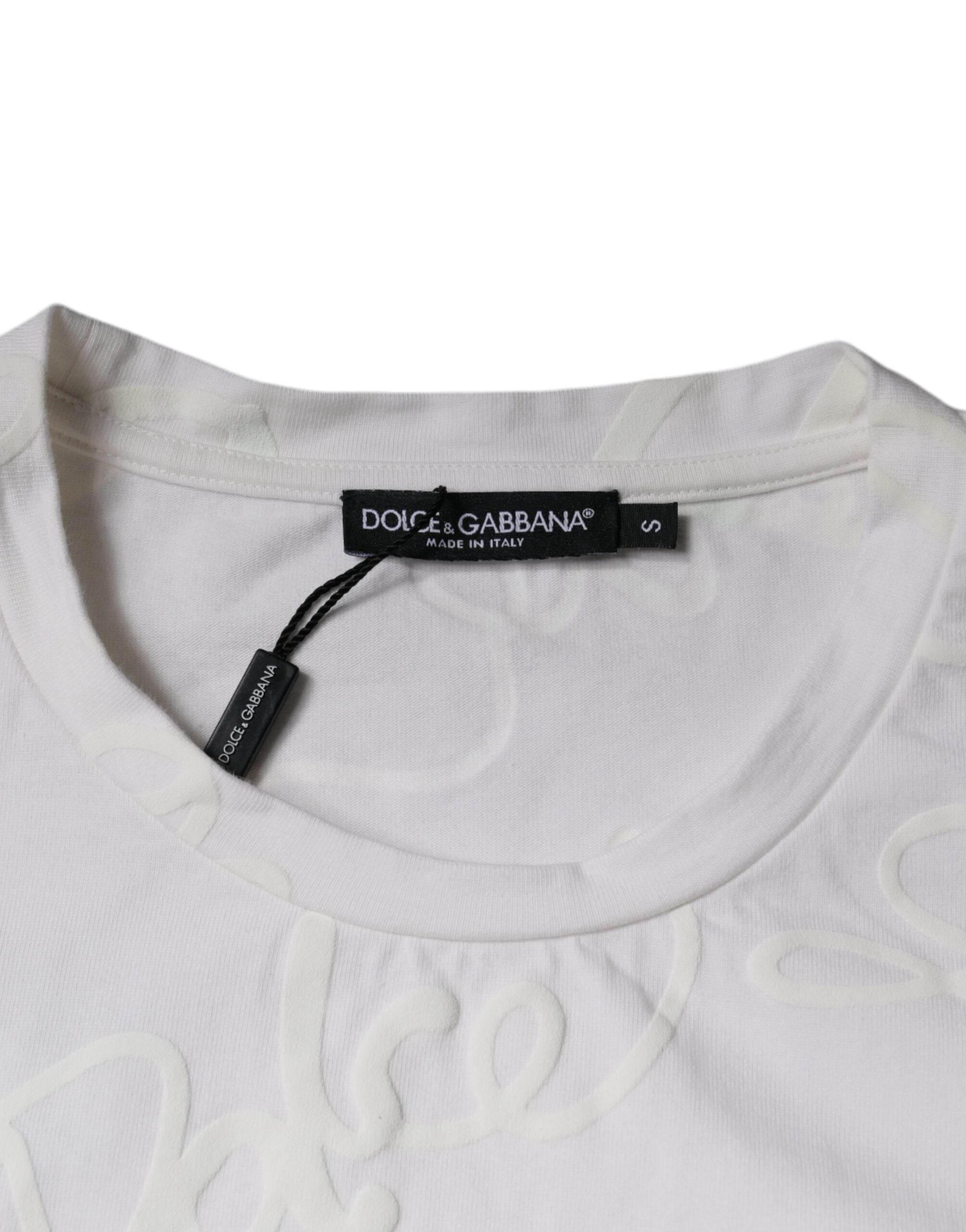 Dolce & Gabbana White Logo Print Cotton Crew Neck T-shirt - Hilstor