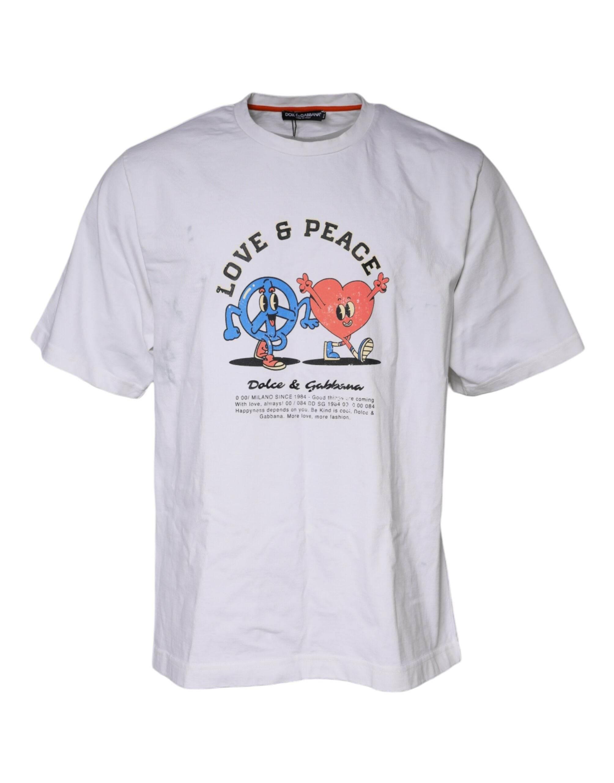 Dolce & Gabbana White Love & Peace Cotton Round Neck T-shirt - Hilstor